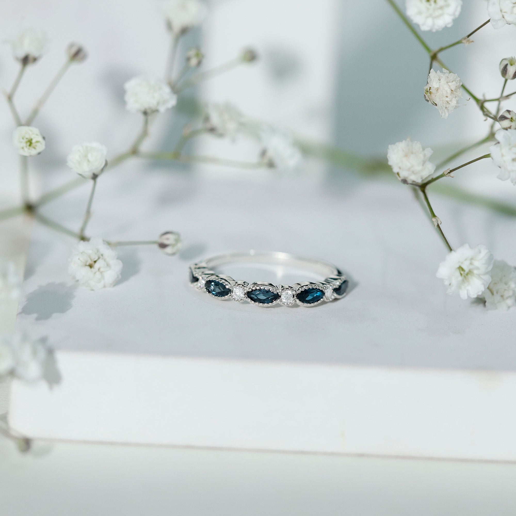 Genuine London Blue Topaz Half Eternity Ring in Bezel Set AAA 92.5 Sterling Silver - Rosec Jewels