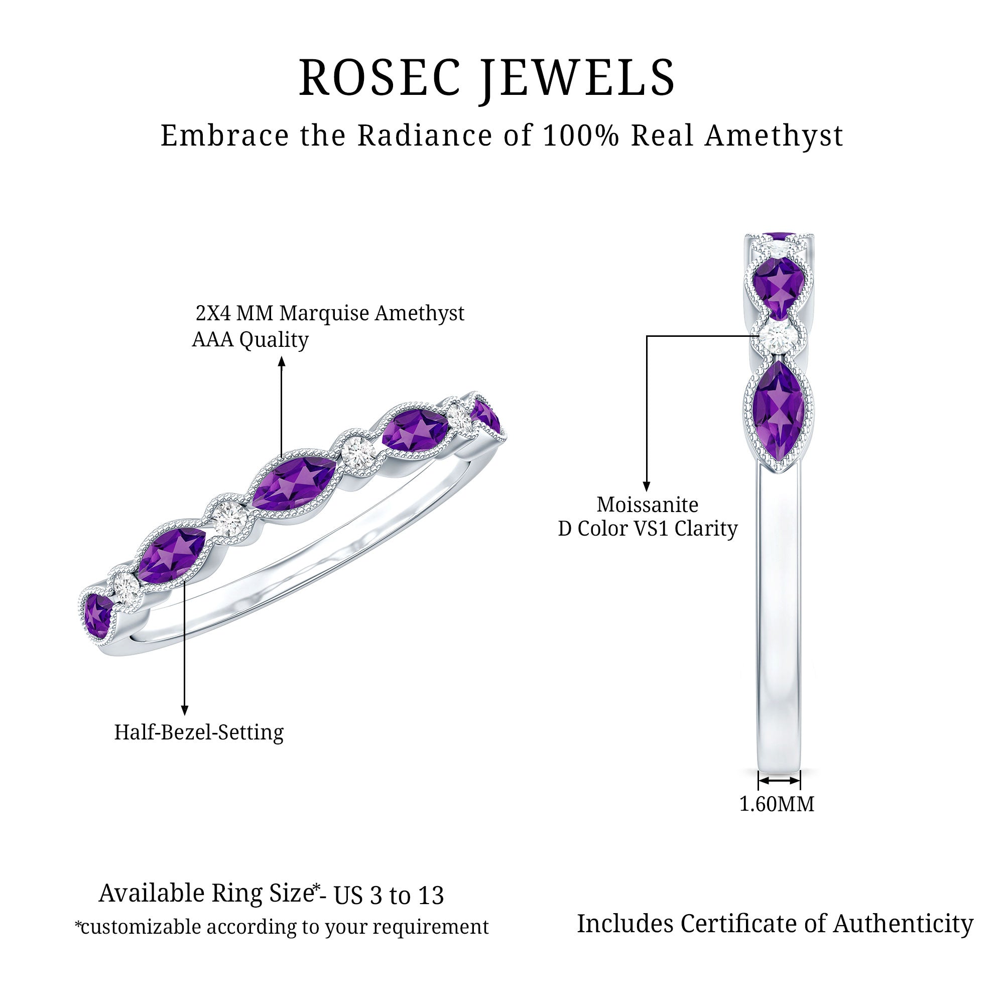 Real Marquise Cut Amethyst Eternity Anniversary Ring in Silver AAA 92.5 Sterling Silver - Rosec Jewels