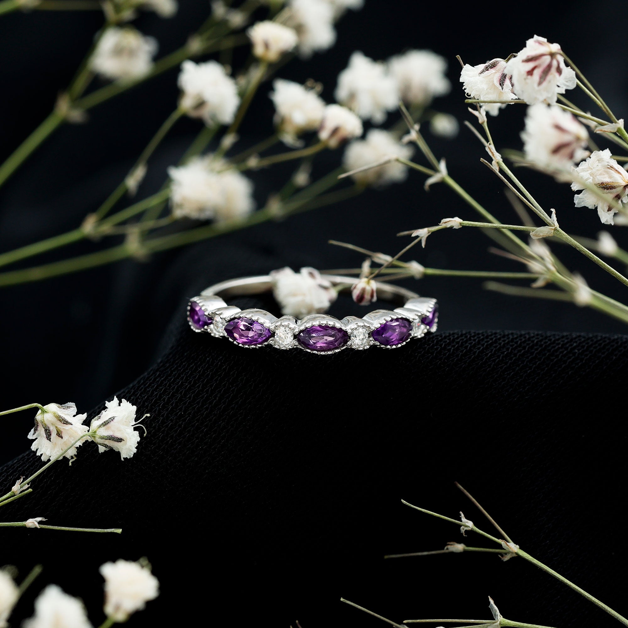 Real Marquise Cut Amethyst Eternity Anniversary Ring in Silver AAA 92.5 Sterling Silver - Rosec Jewels