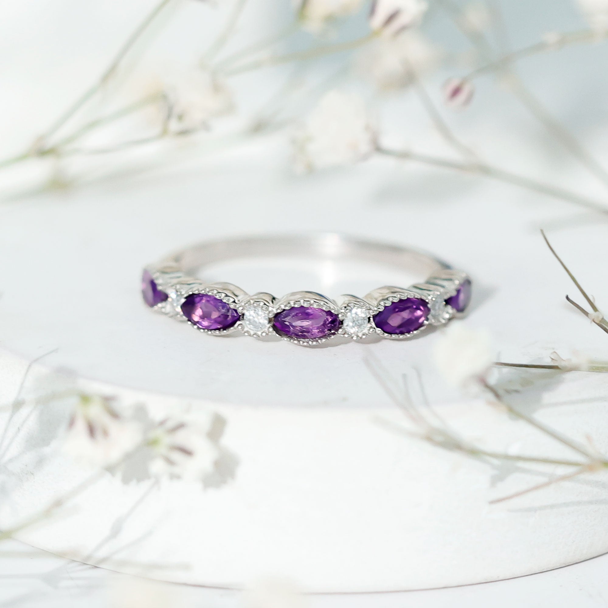 Real Marquise Cut Amethyst Eternity Anniversary Ring in Silver AAA 92.5 Sterling Silver - Rosec Jewels