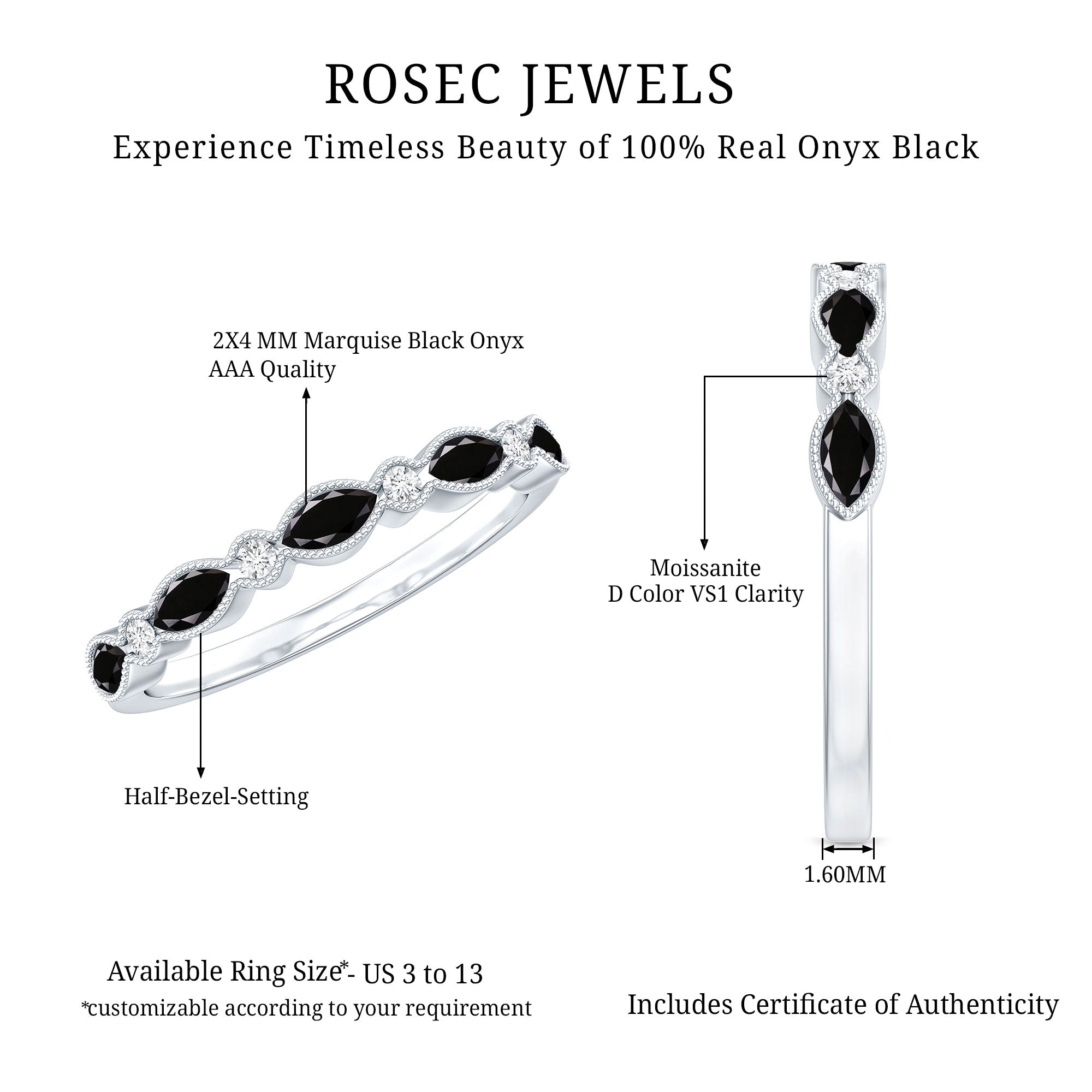 Certified Black Onyx Half Eternity Ring with Moissanite AAA - Rosec Jewels