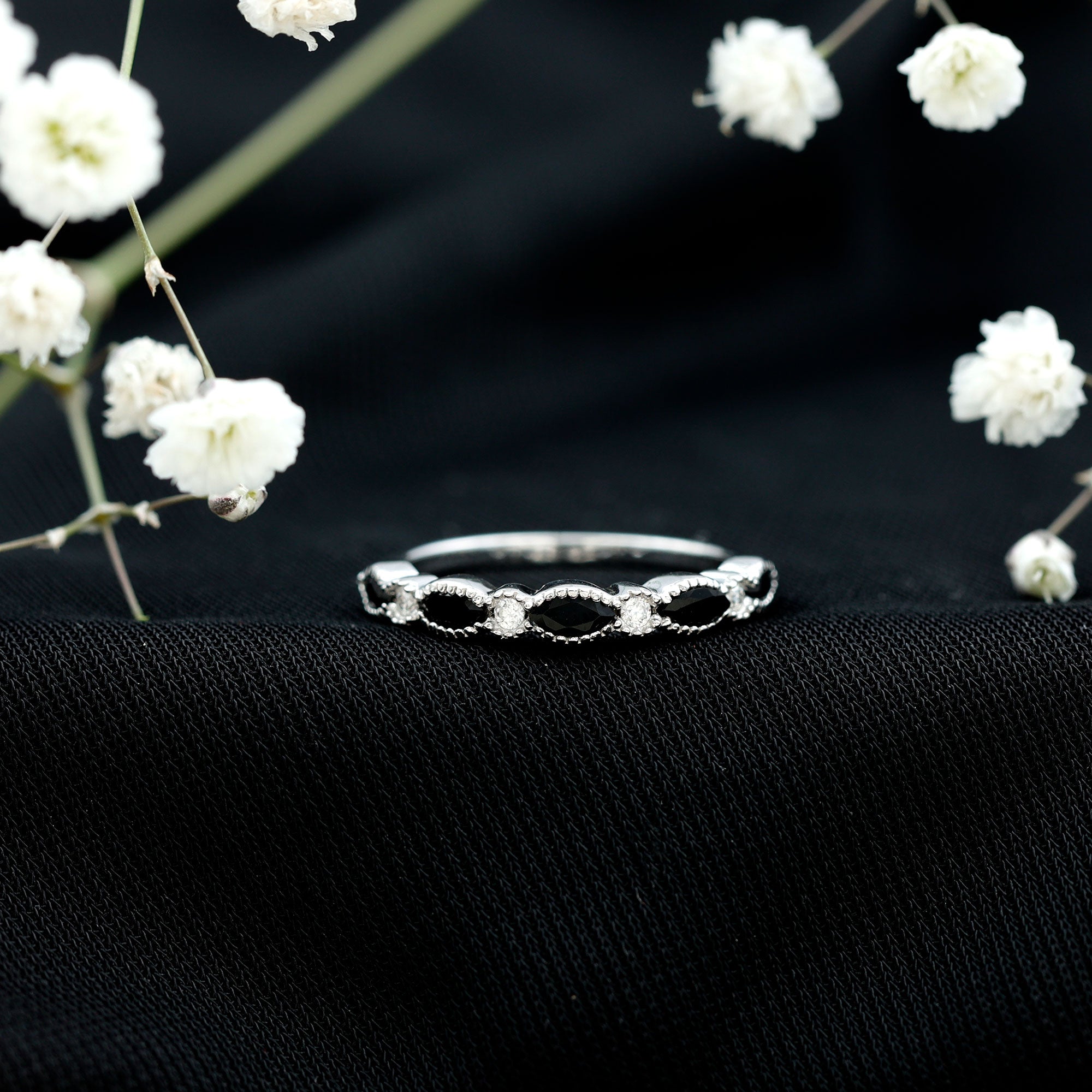 Natural Marquise Cut Black Onyx Half Eternity Band AAA 92.5 Sterling Silver - Rosec Jewels