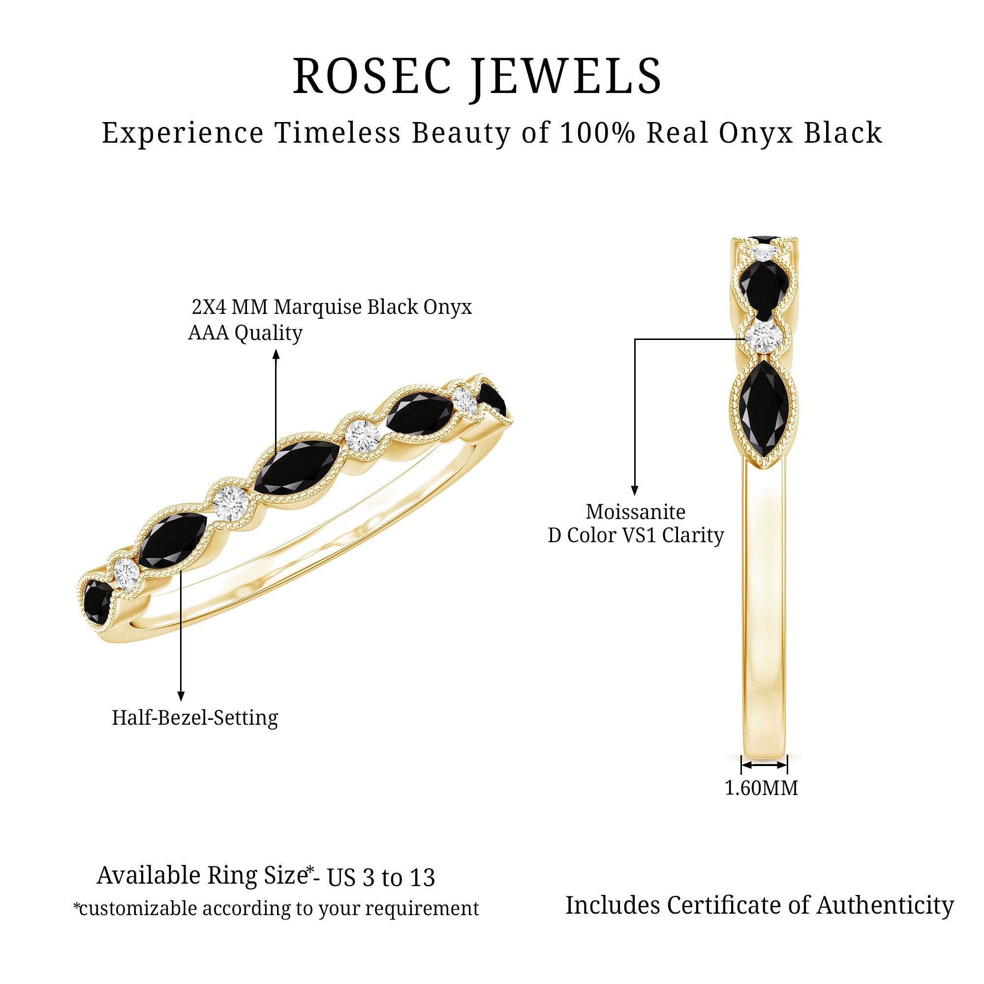 Certified Black Onyx Half Eternity Ring with Moissanite AAA - Rosec Jewels
