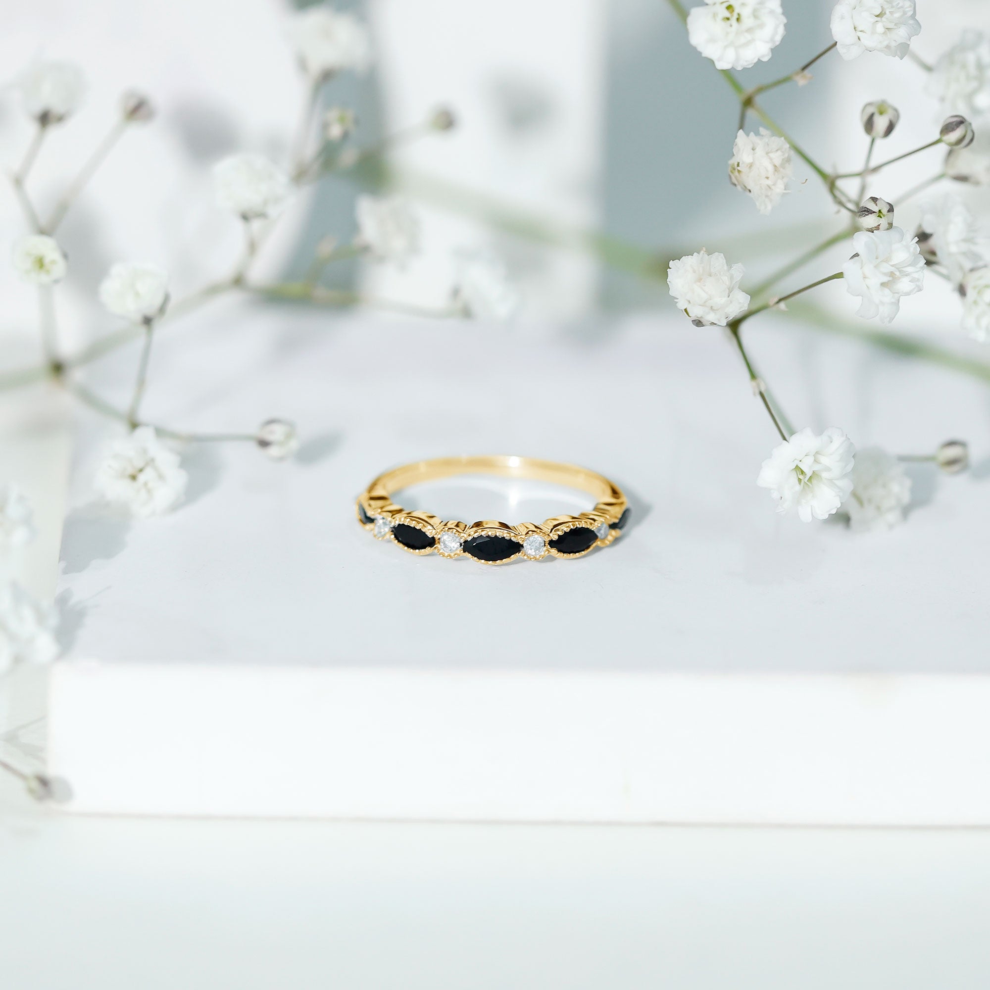 Certified Black Onyx Half Eternity Ring with Moissanite AAA - Rosec Jewels
