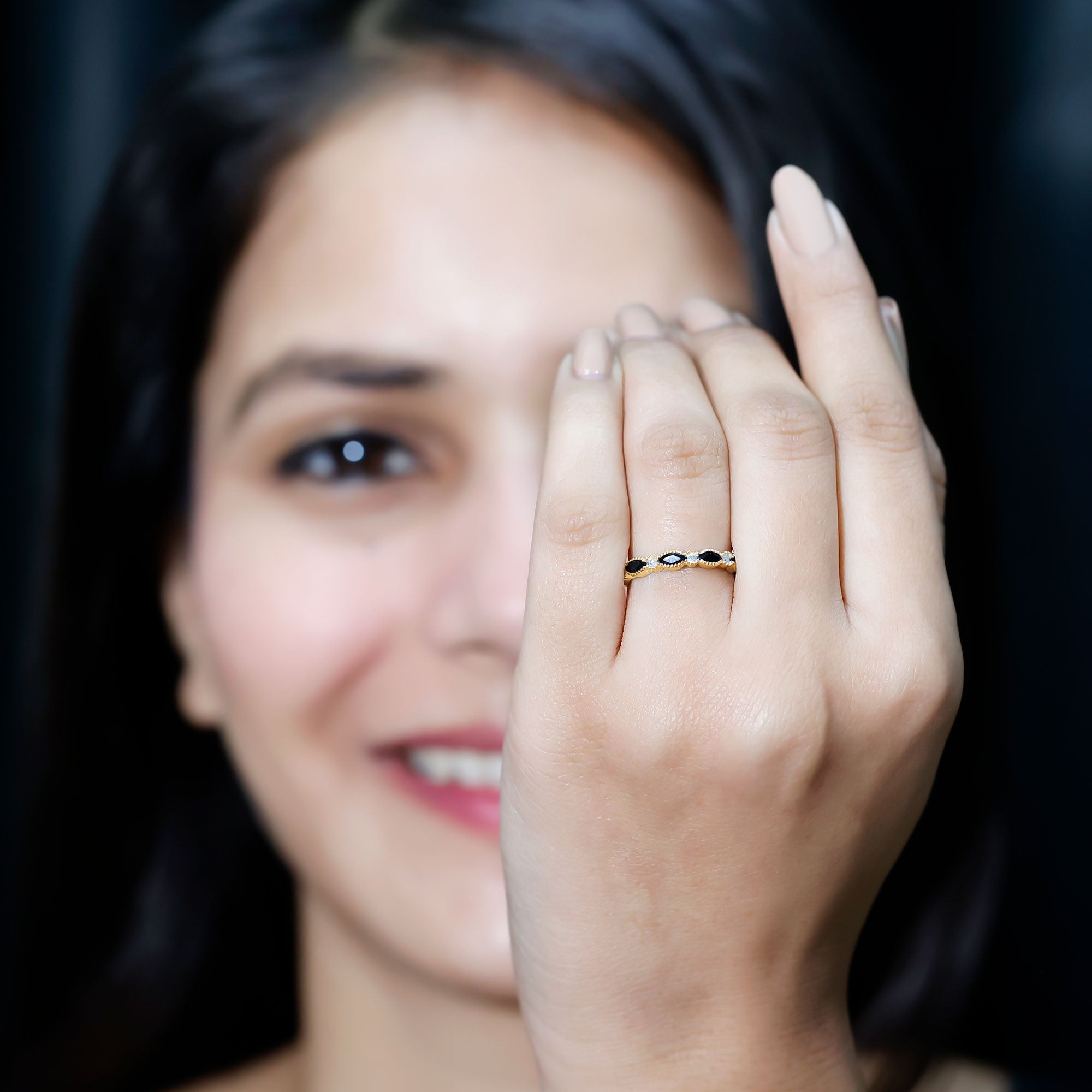 Certified Black Onyx Half Eternity Ring with Moissanite AAA - Rosec Jewels