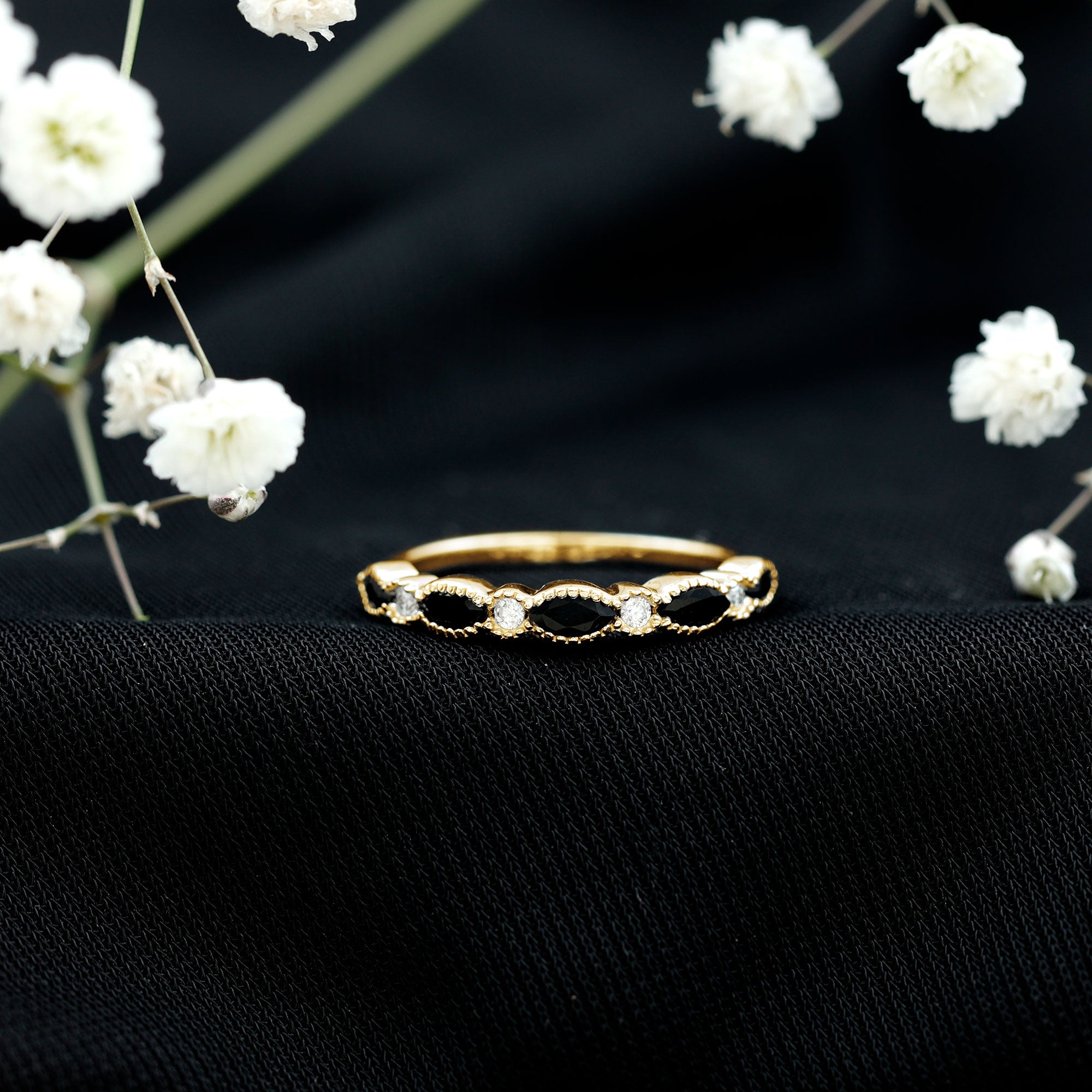 Certified Black Onyx Half Eternity Ring with Moissanite AAA - Rosec Jewels