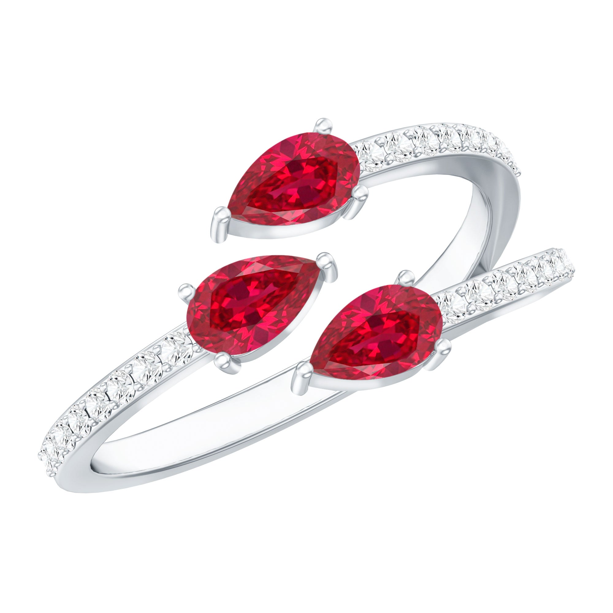 Pear Shaped Lab Grown Ruby 3 Stone Anniversary Ring AAAA - Rosec Jewels