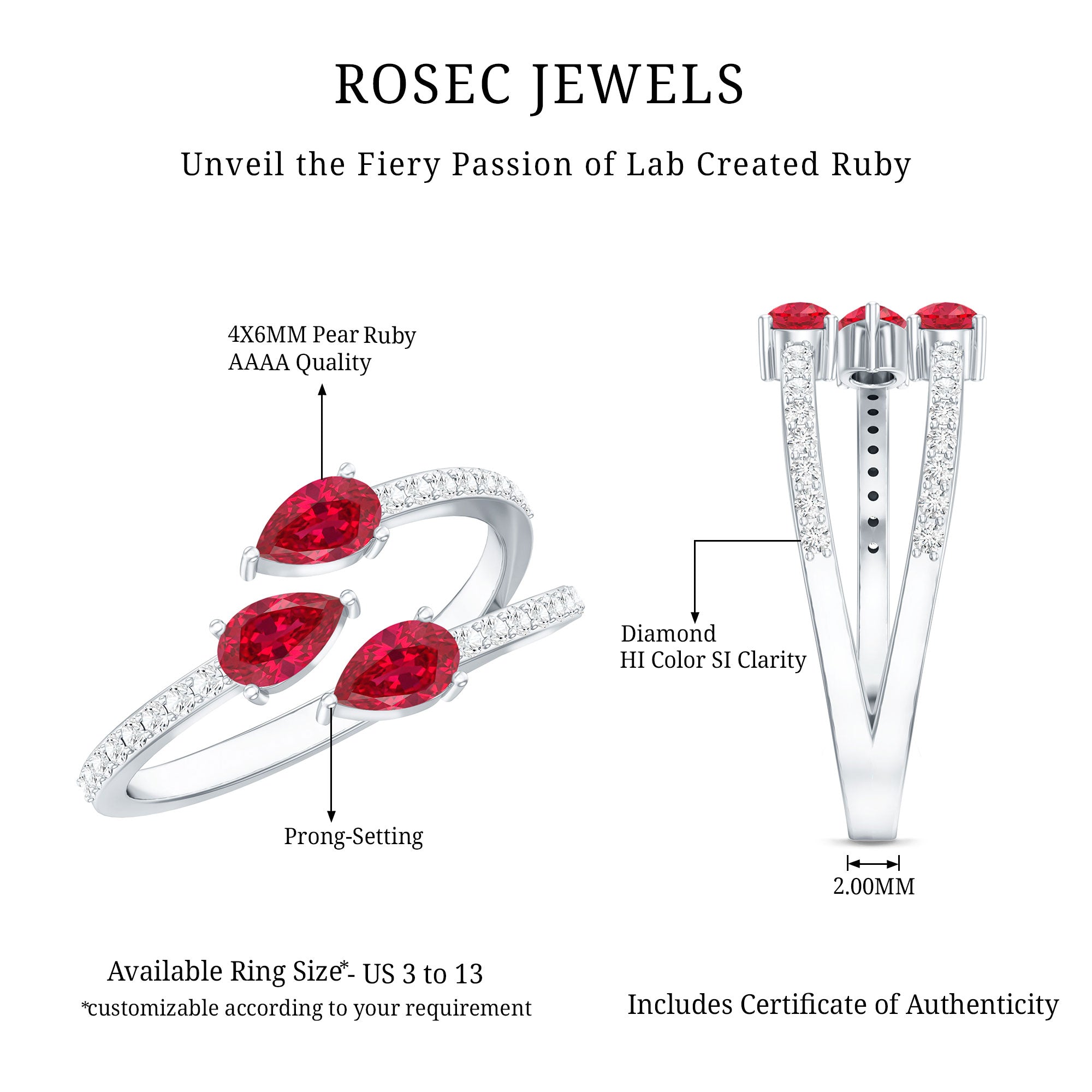 Pear Shaped Lab Grown Ruby 3 Stone Anniversary Ring AAAA - Rosec Jewels