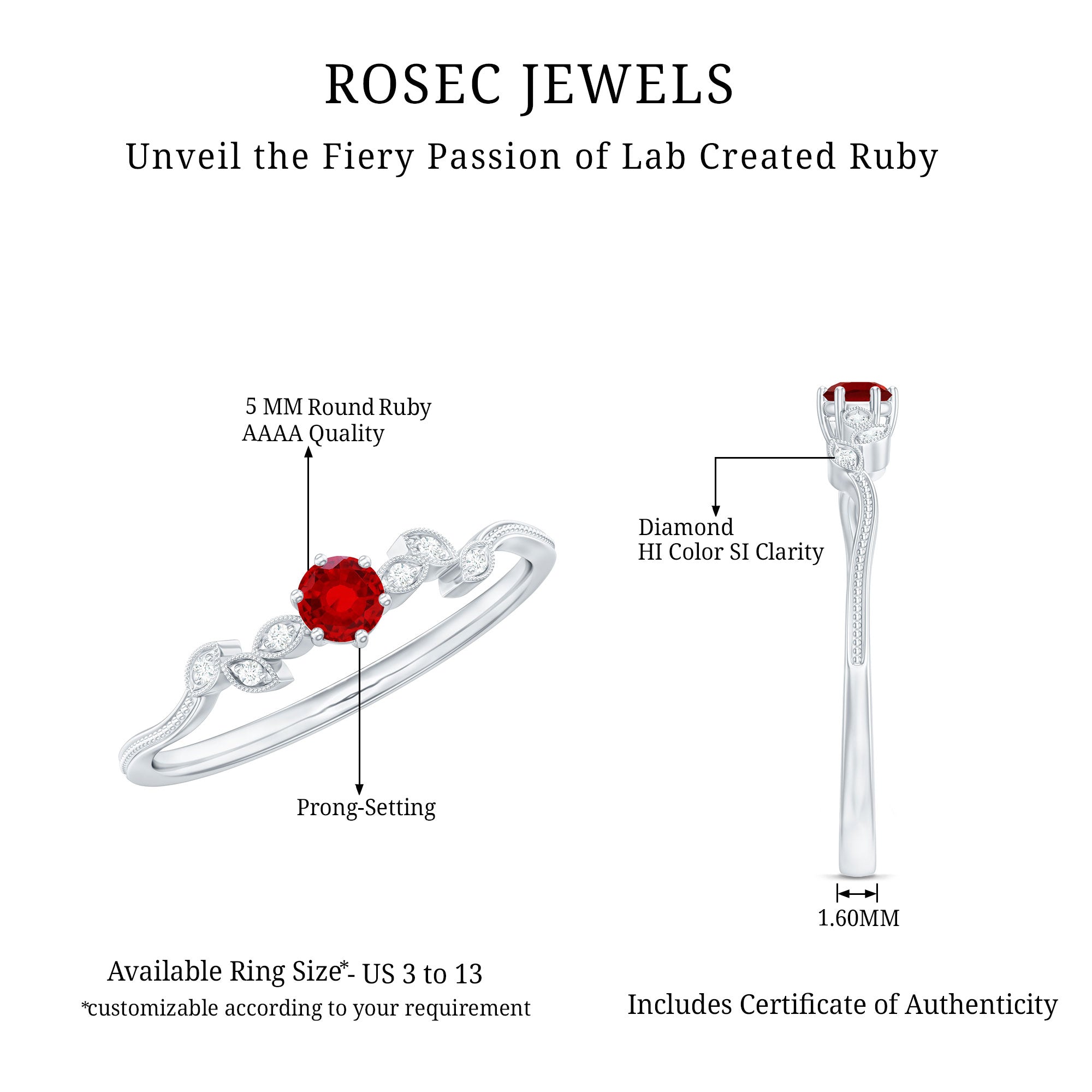 Rosec Jewels-Lab Created Ruby and Diamond Leaf Promise Ring