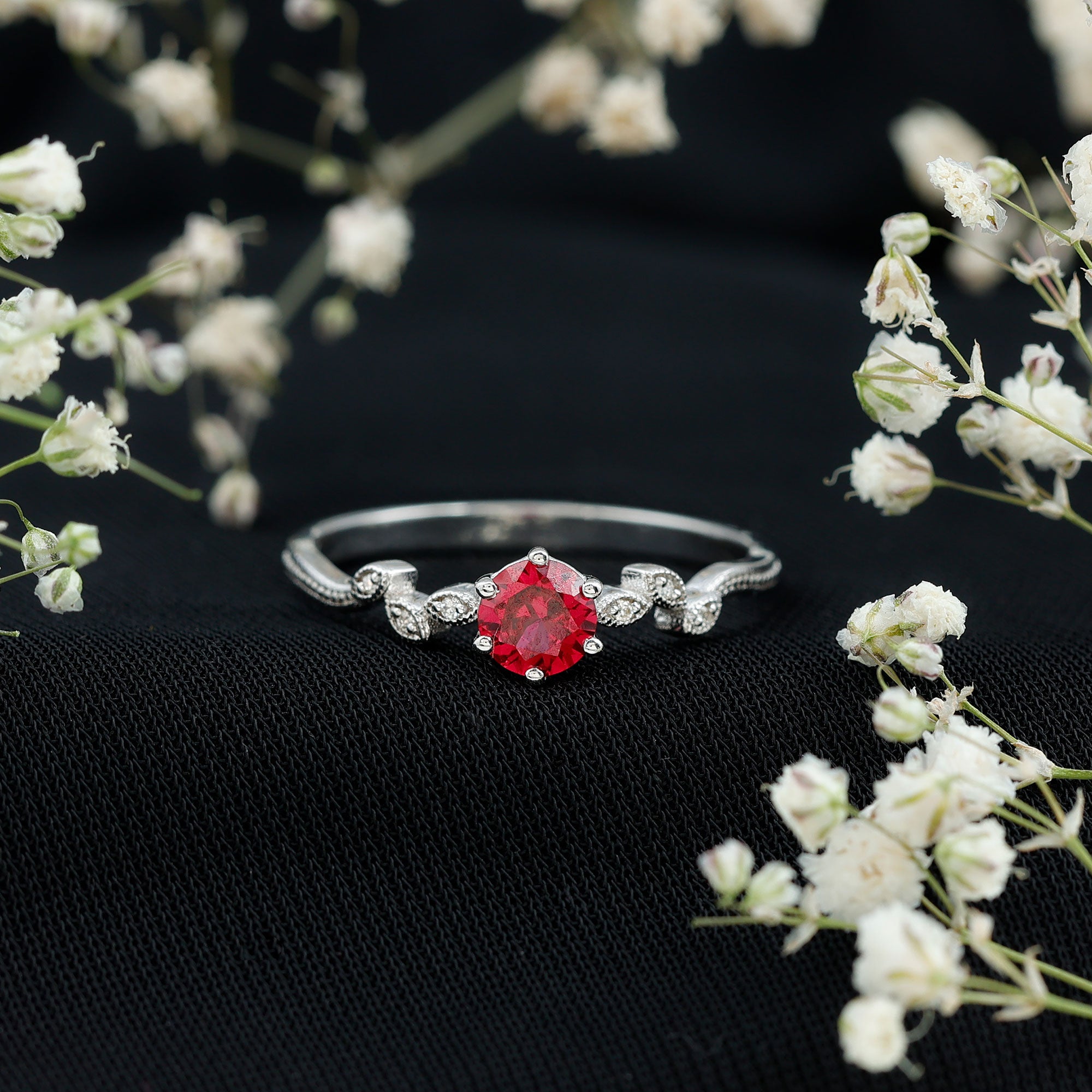 Rosec Jewels-Lab Created Ruby and Diamond Leaf Promise Ring