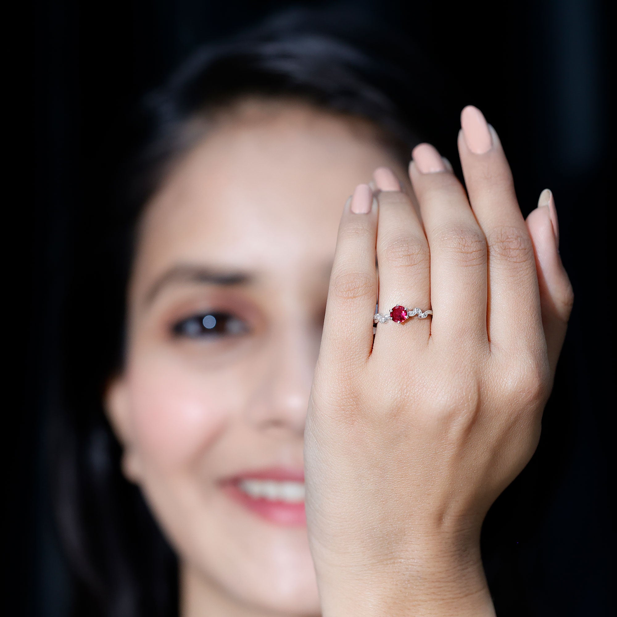 Rosec Jewels-Lab Created Ruby and Diamond Leaf Promise Ring