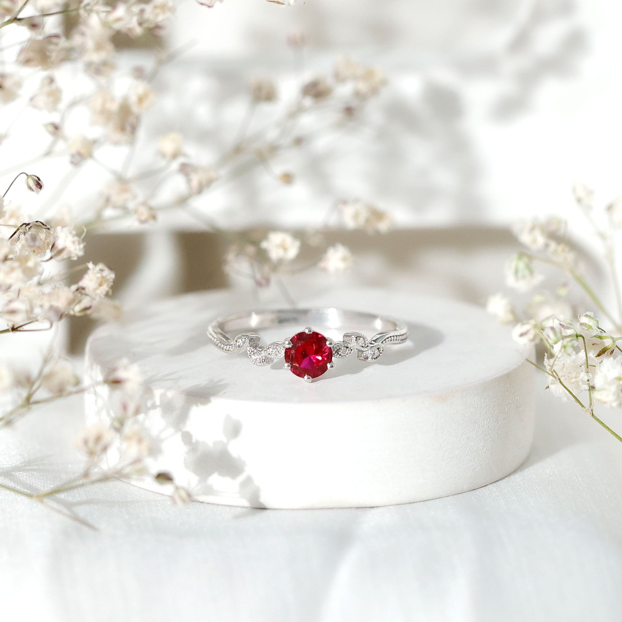 Rosec Jewels-Lab Created Ruby and Diamond Leaf Promise Ring