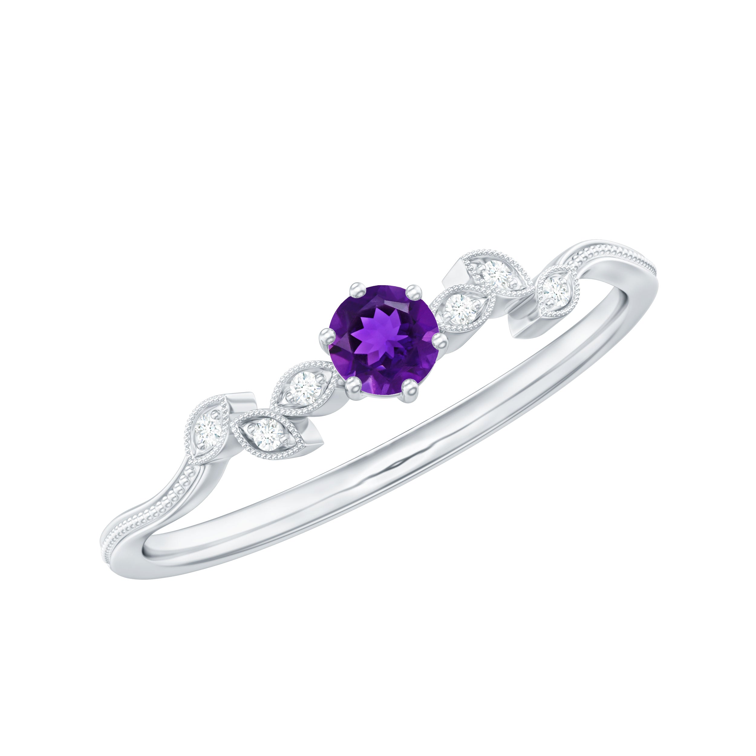 Amethyst and Diamond Leaf Promise Ring with Beaded Detailing
