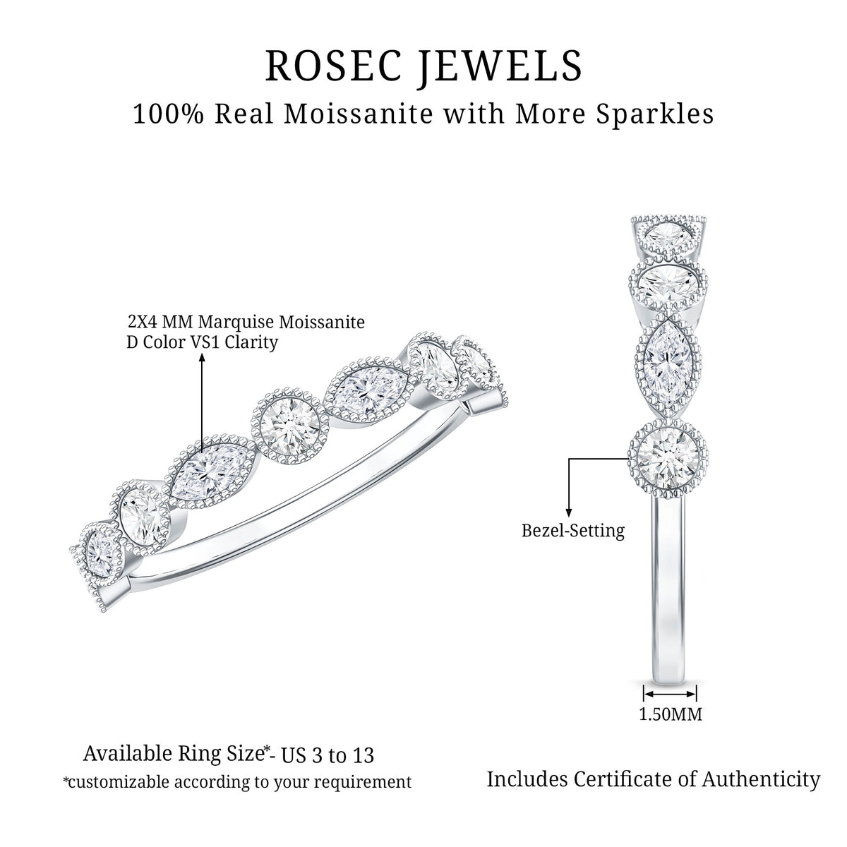 Certified Bezel Set Moissanite Eternity Band Ring D-VS1 - Rosec Jewels