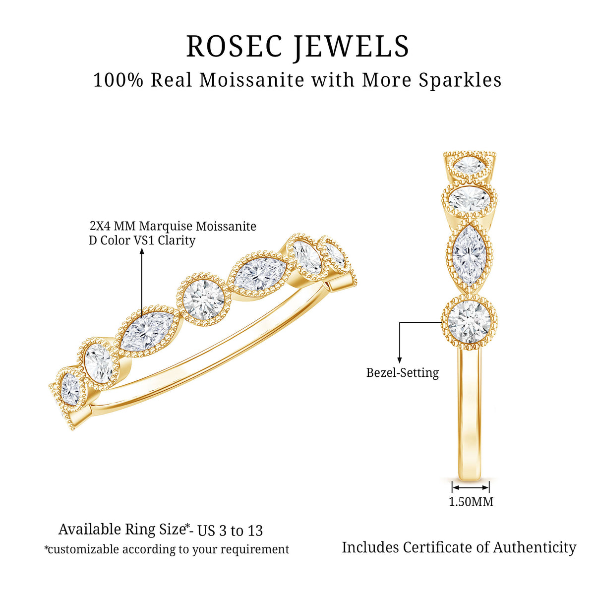 Certified Bezel Set Moissanite Eternity Band Ring D-VS1 - Rosec Jewels
