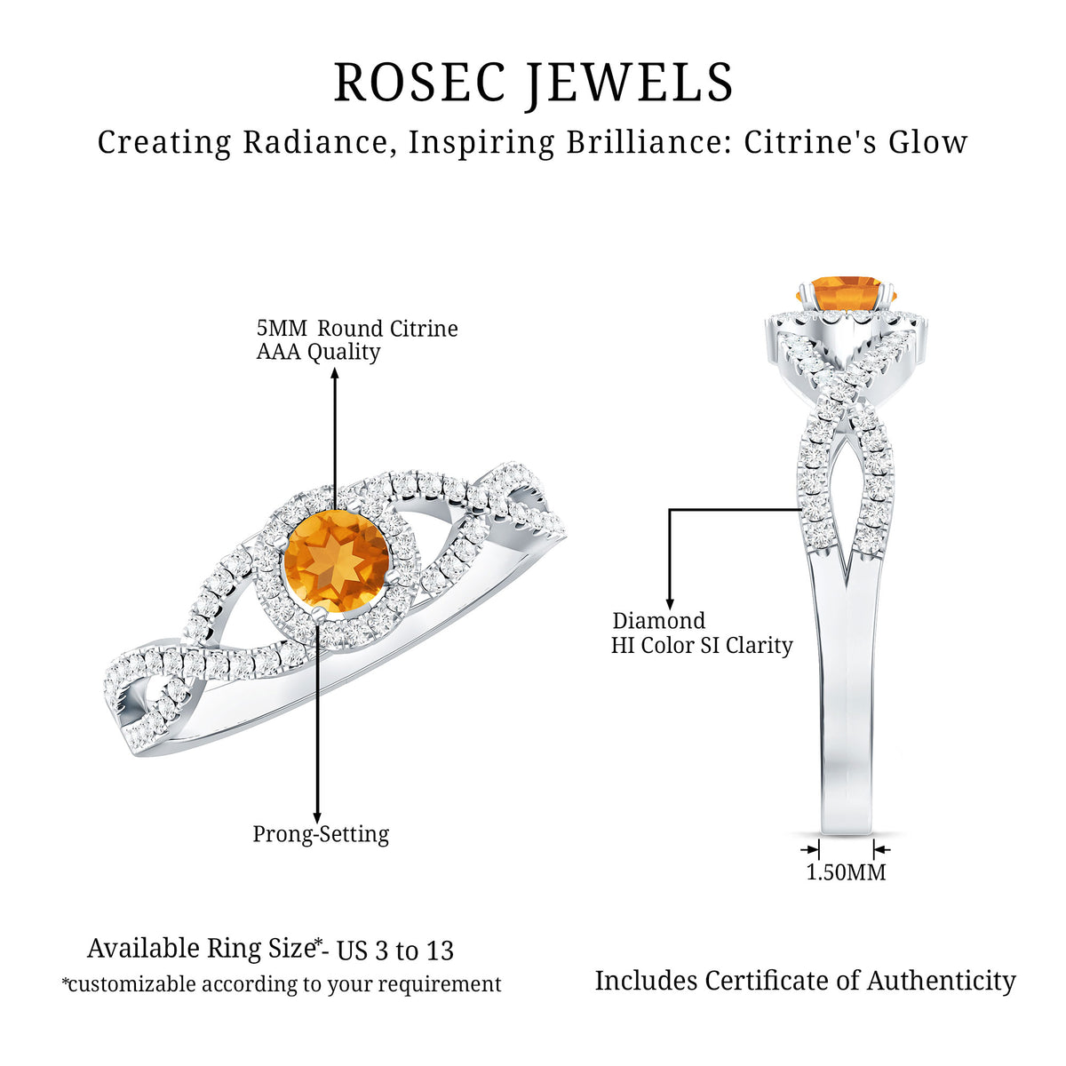 Natural Citrine Diamond Engagement Ring with Criss Cross Shank AAA - Rosec Jewels