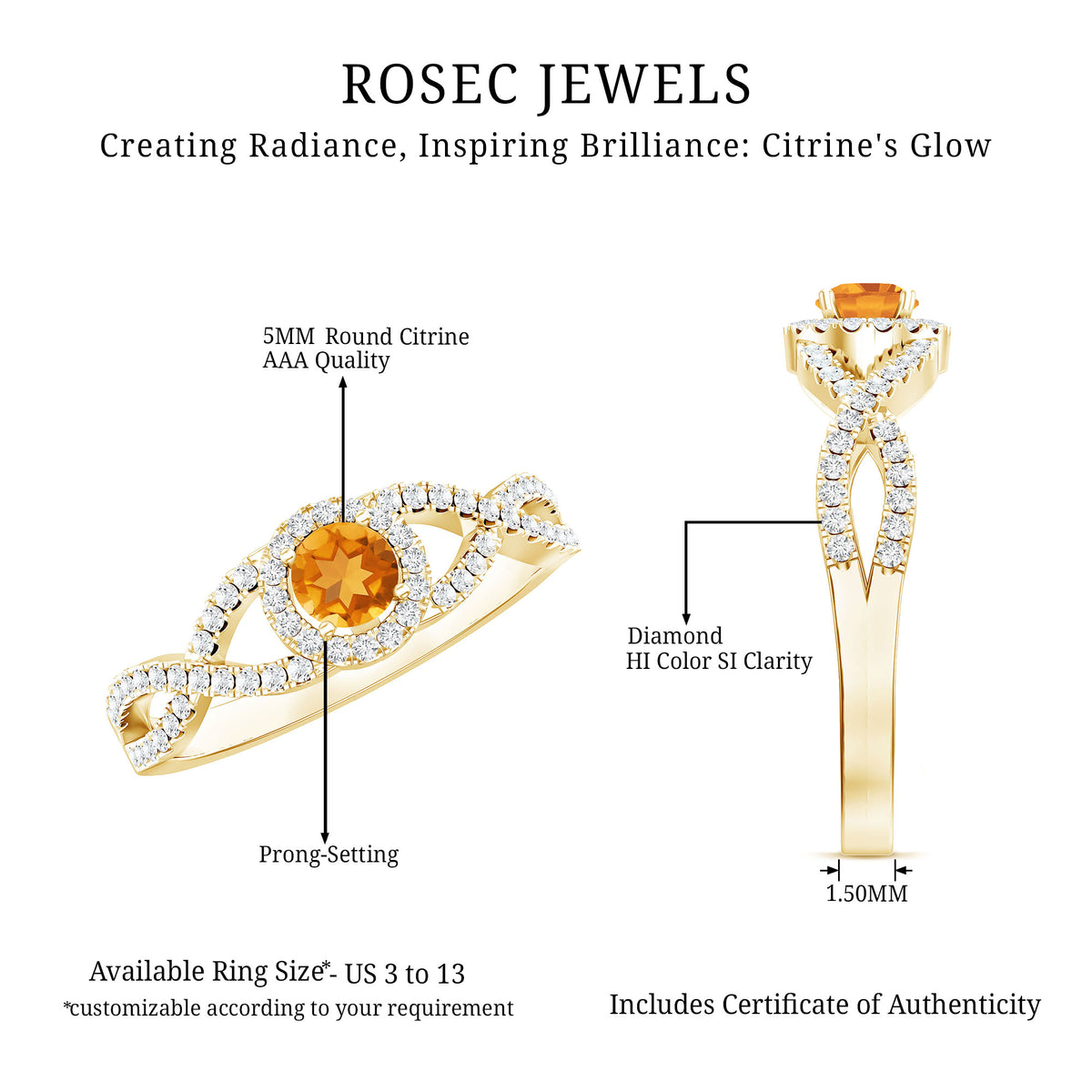 Natural Citrine Diamond Engagement Ring with Criss Cross Shank AAA - Rosec Jewels