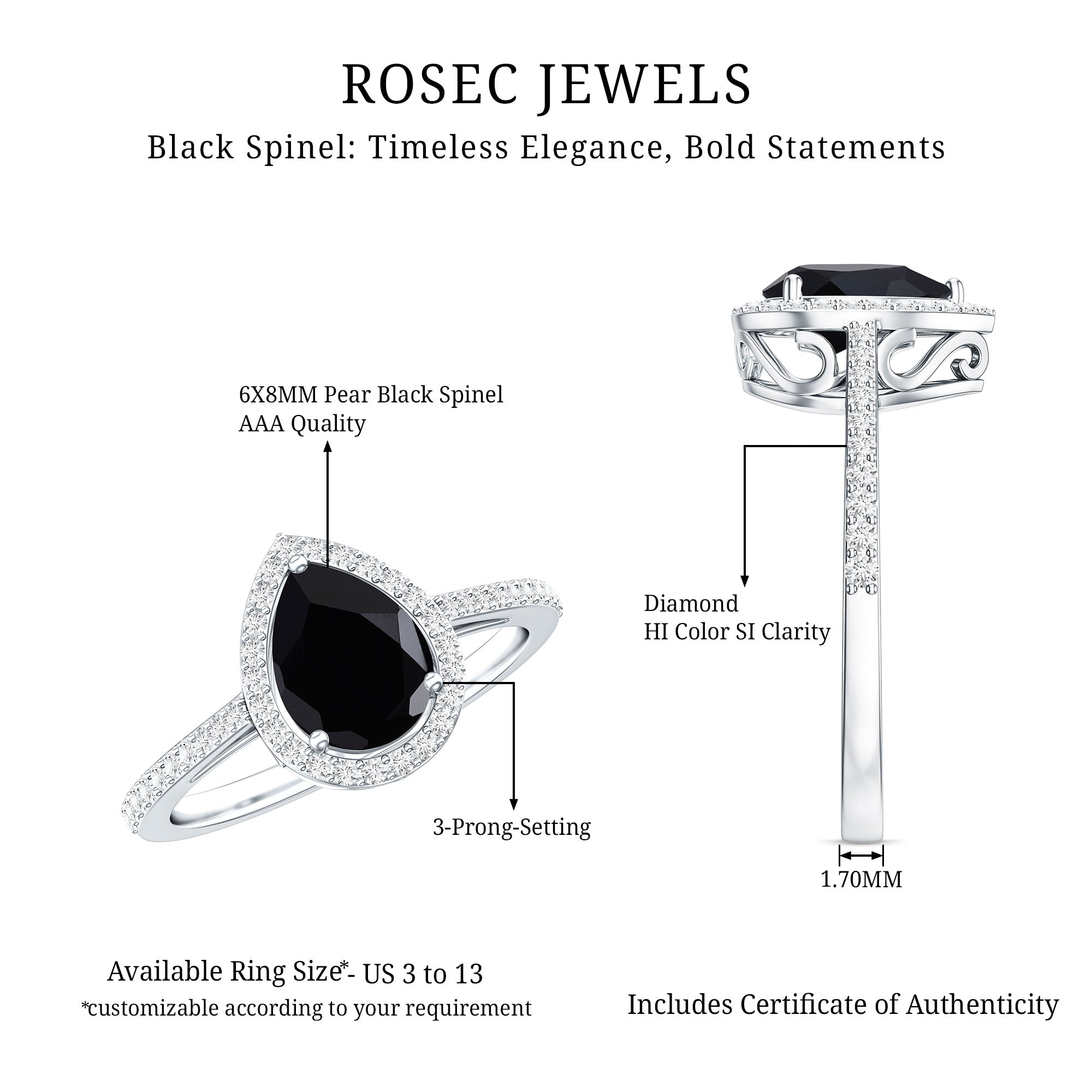 Natural Black Spinel Teardrop Engagement Ring with Diamond Halo AAA - Rosec Jewels