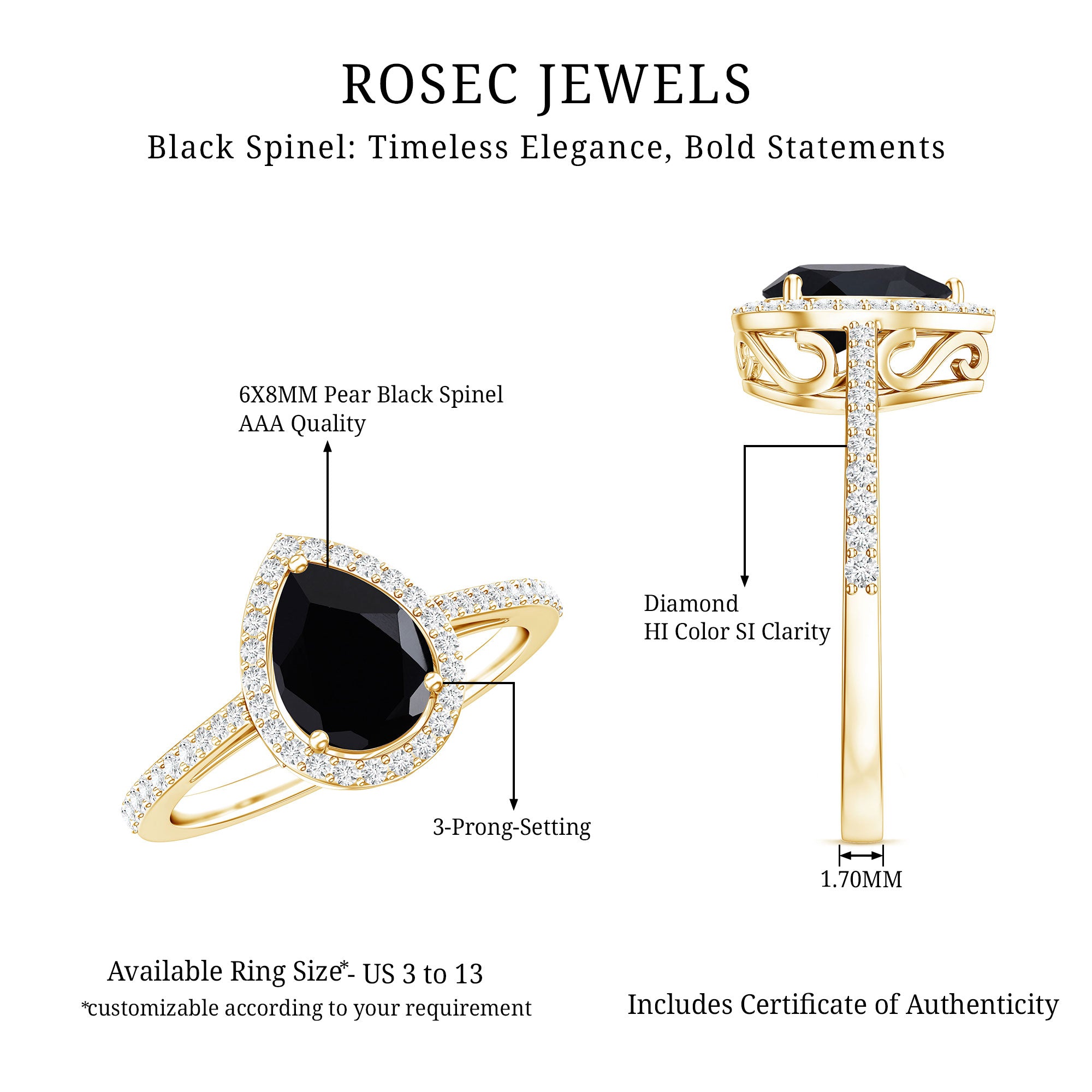 Natural Black Spinel Teardrop Engagement Ring with Diamond Halo AAA - Rosec Jewels