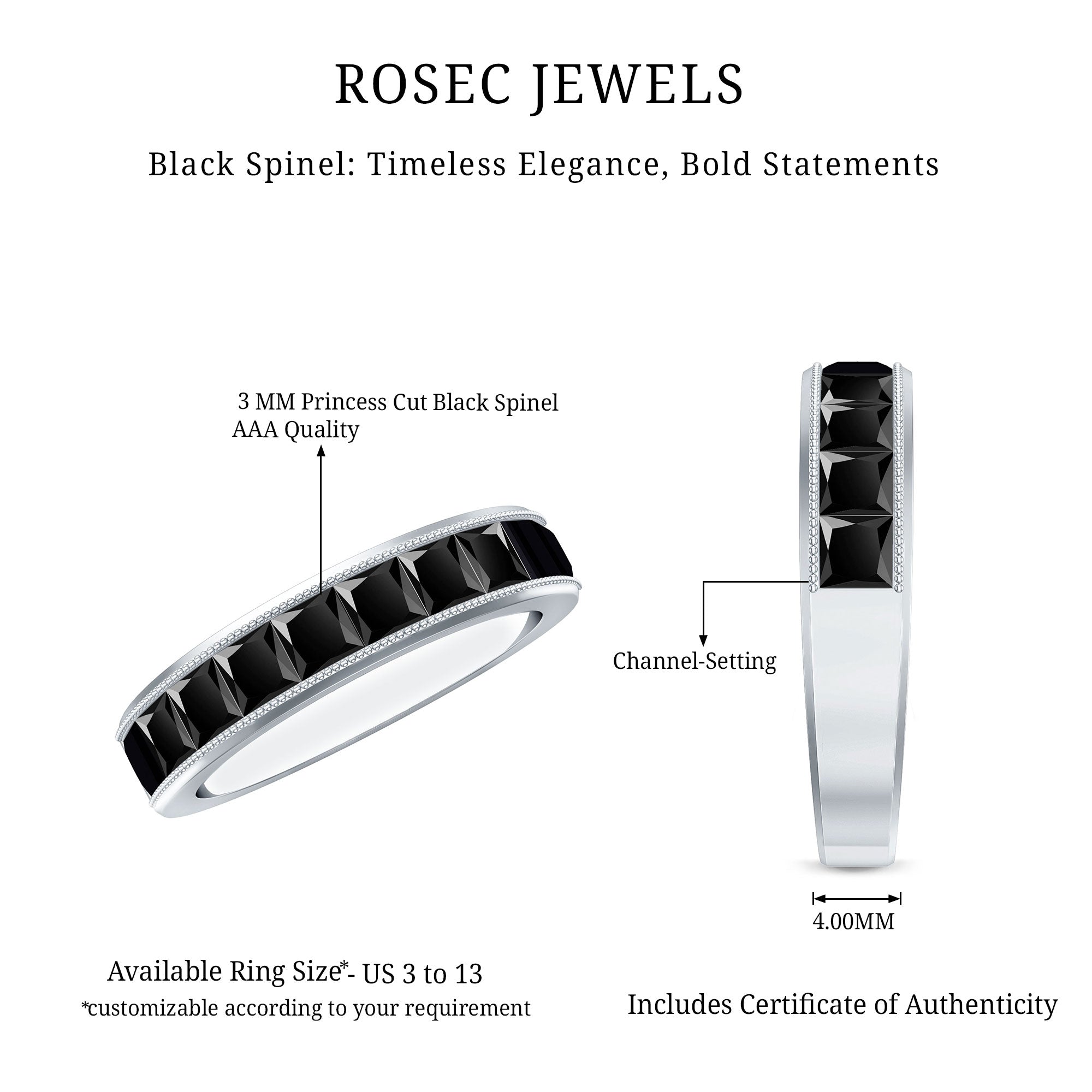 Princess Cut Black Spinel Half Eternity Band Ring AAA - Rosec Jewels