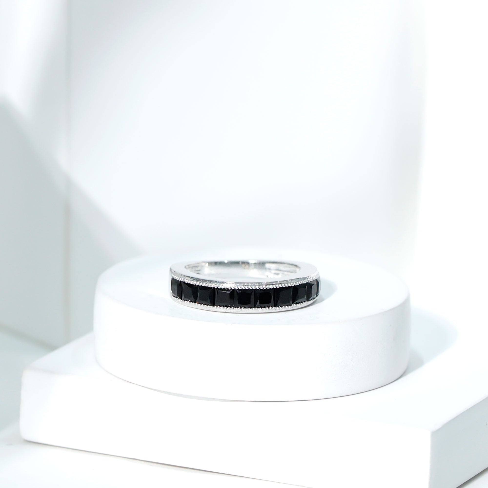 Princess Cut Black Spinel Half Eternity Band Ring AAA - Rosec Jewels