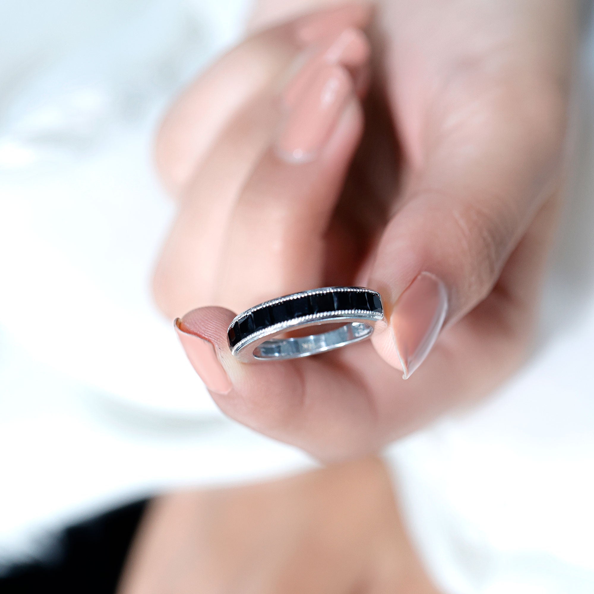 Princess Cut Black Spinel Half Eternity Band Ring AAA - Rosec Jewels