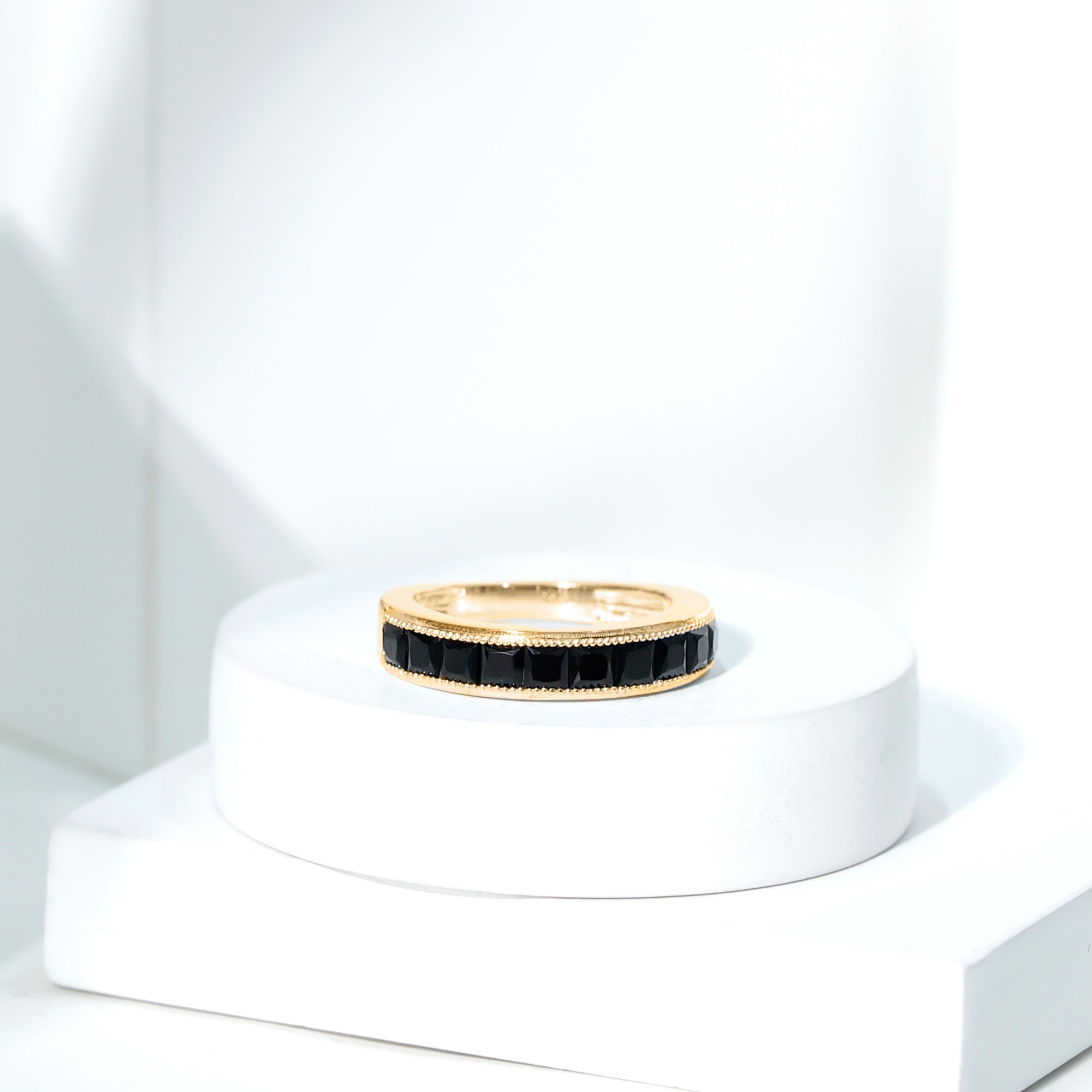 Princess Cut Black Spinel Half Eternity Band Ring AAA - Rosec Jewels