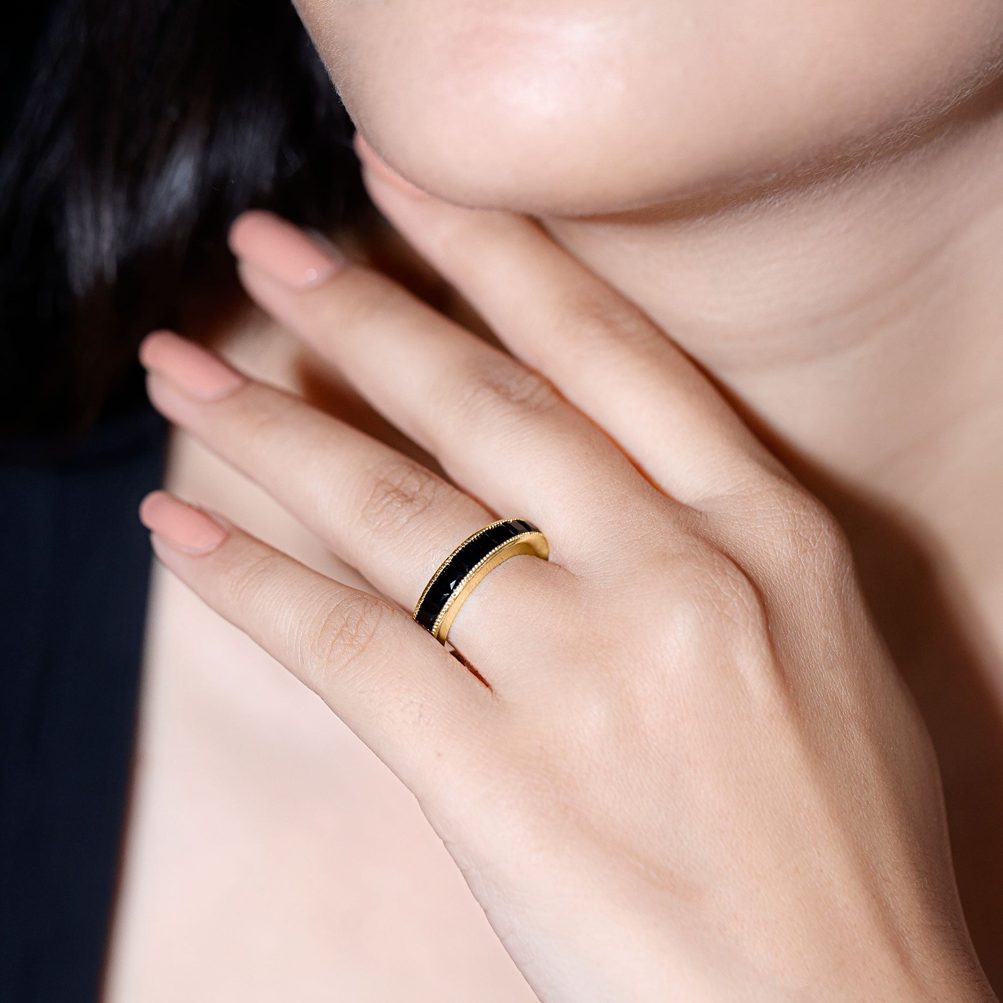 Princess Cut Black Spinel Half Eternity Band Ring AAA - Rosec Jewels