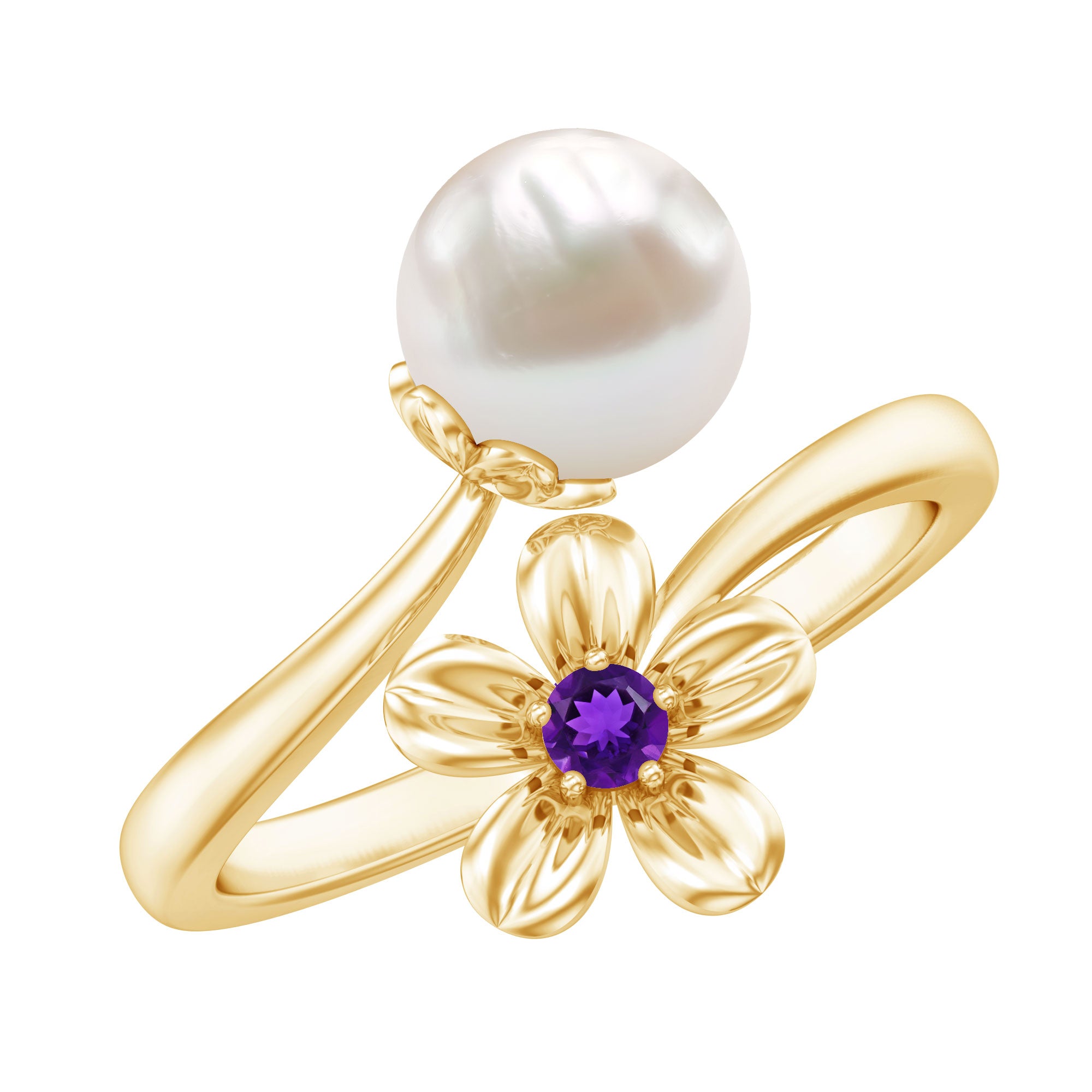 Cultured 3 Carat Freshwater Pearl Flower Ring with Amethyst AAA - Rosec Jewels