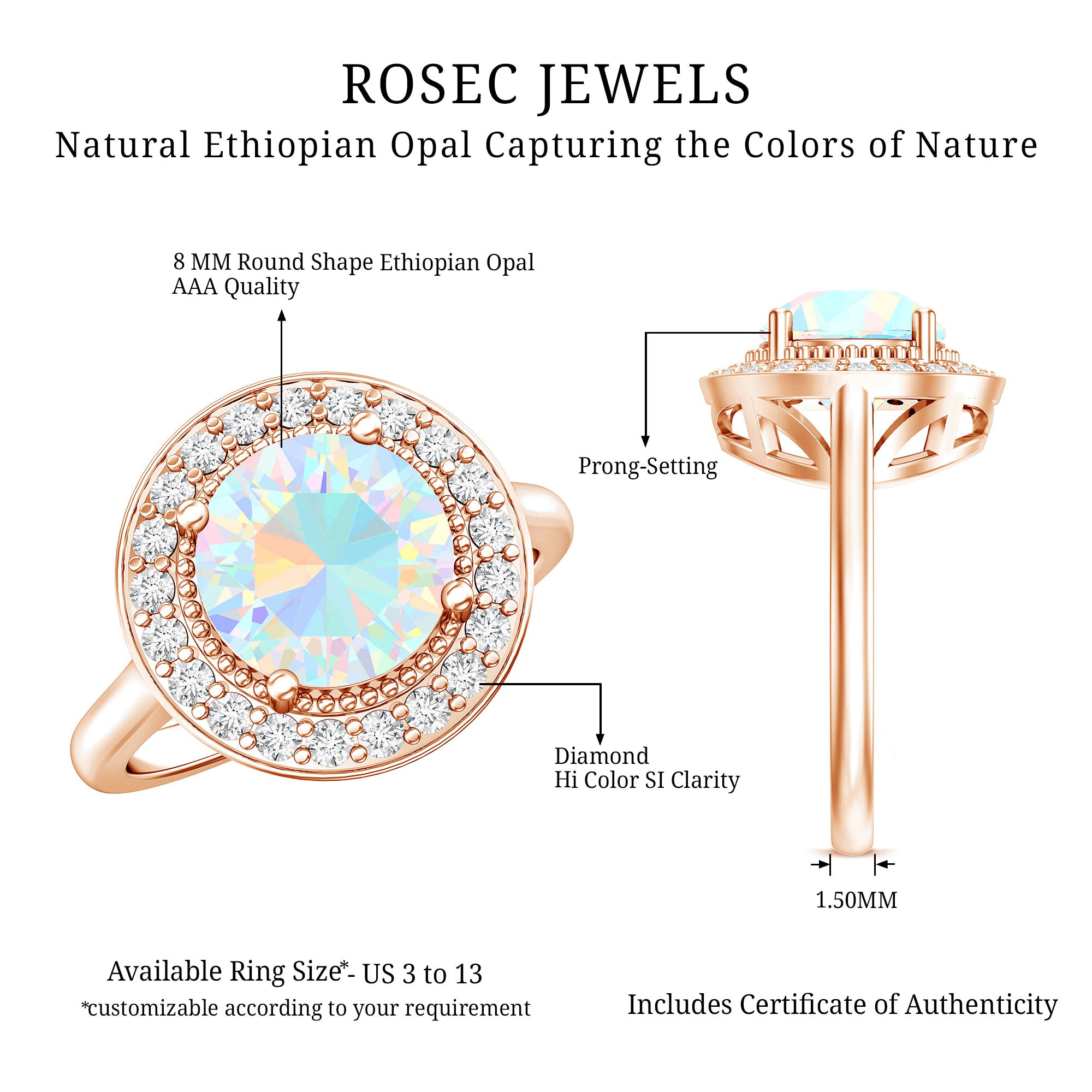 Vintage Inspired 8mm Ethiopian Opal Engagement Ring with Diamond Halo AAA - Rosec Jewels