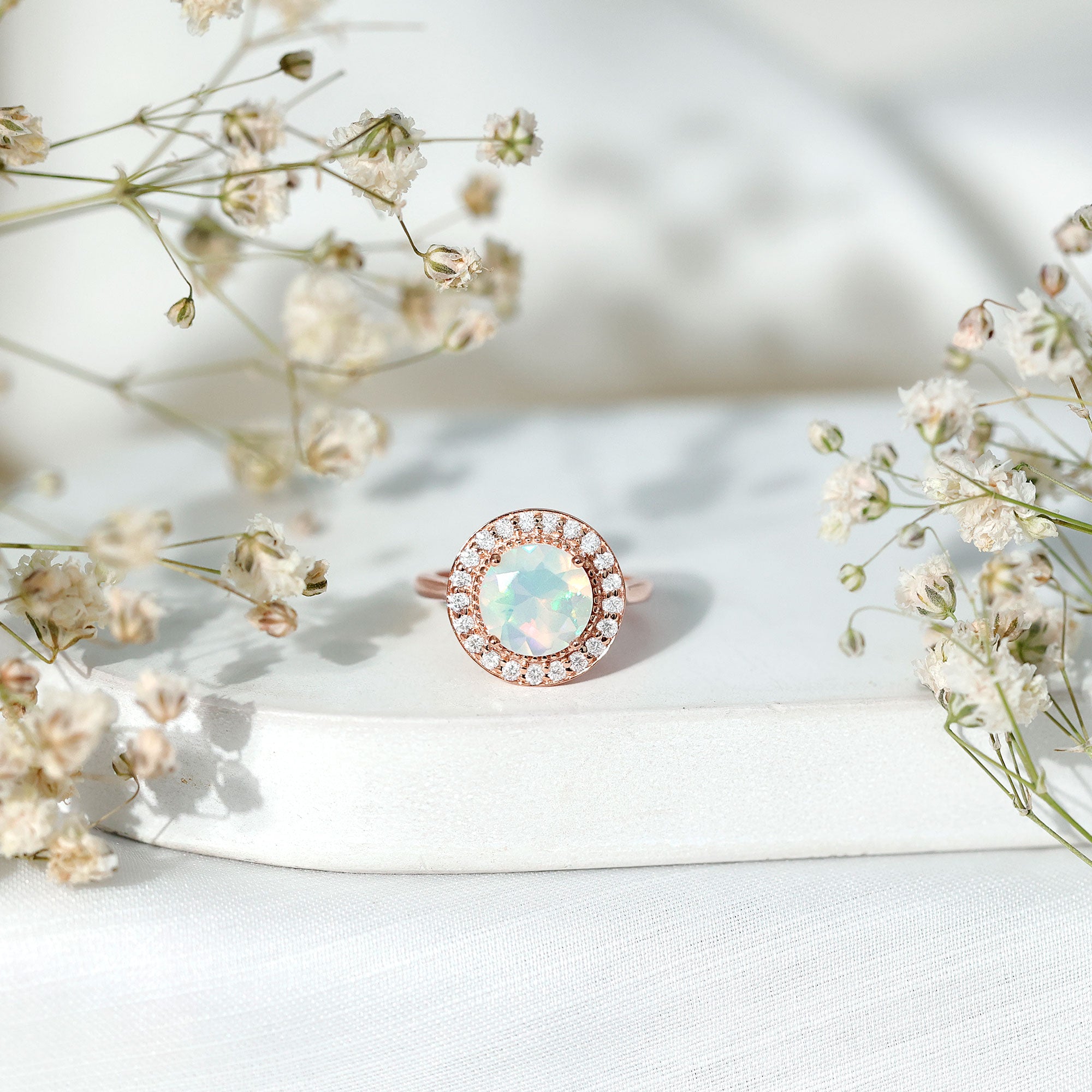 Vintage Inspired 8mm Ethiopian Opal Engagement Ring with Diamond Halo AAA - Rosec Jewels