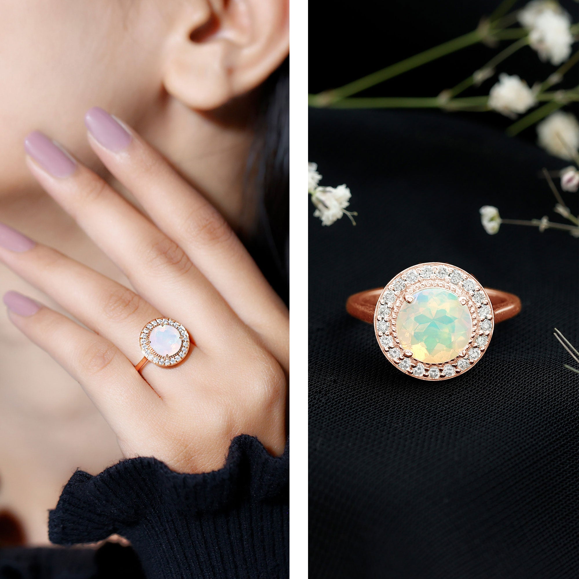 Vintage Inspired 8mm Ethiopian Opal Engagement Ring with Diamond Halo AAA - Rosec Jewels