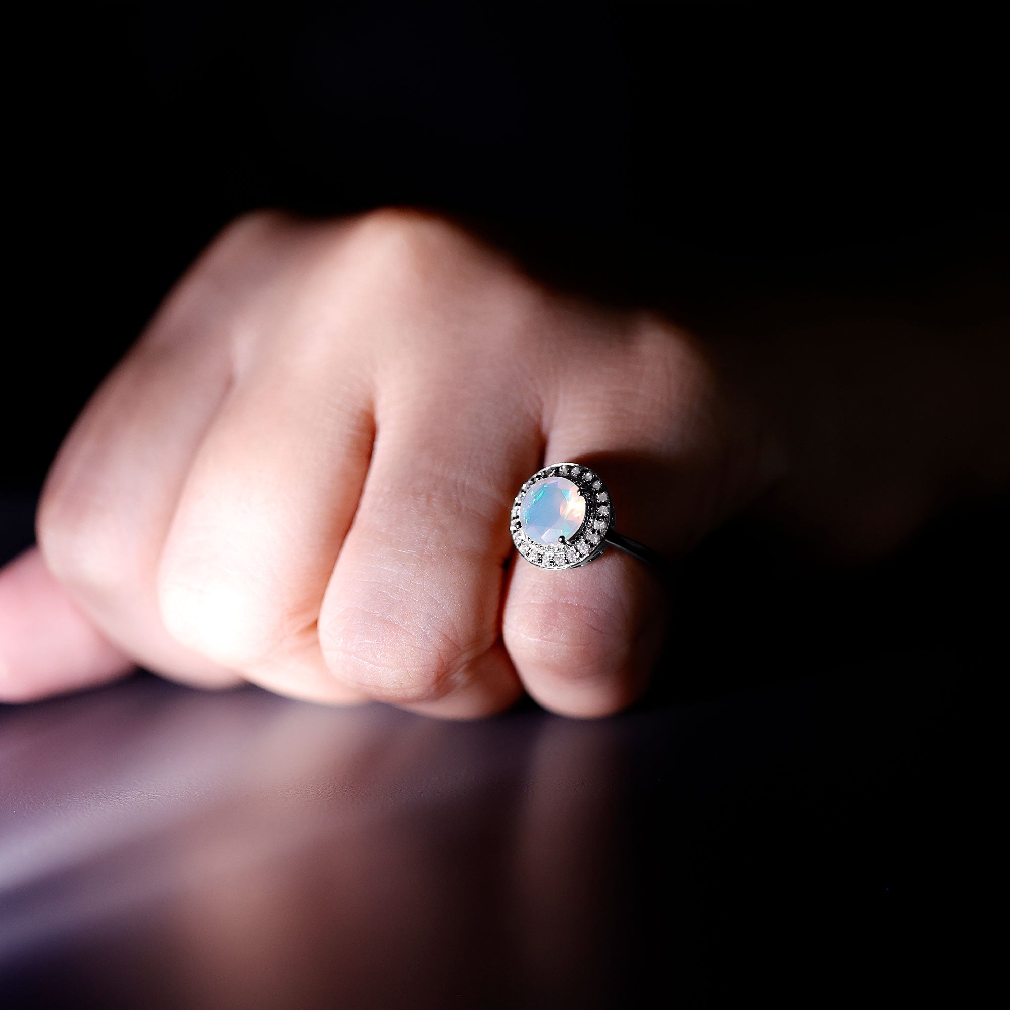 Vintage Inspired 8mm Ethiopian Opal Engagement Ring with Diamond Halo AAA - Rosec Jewels