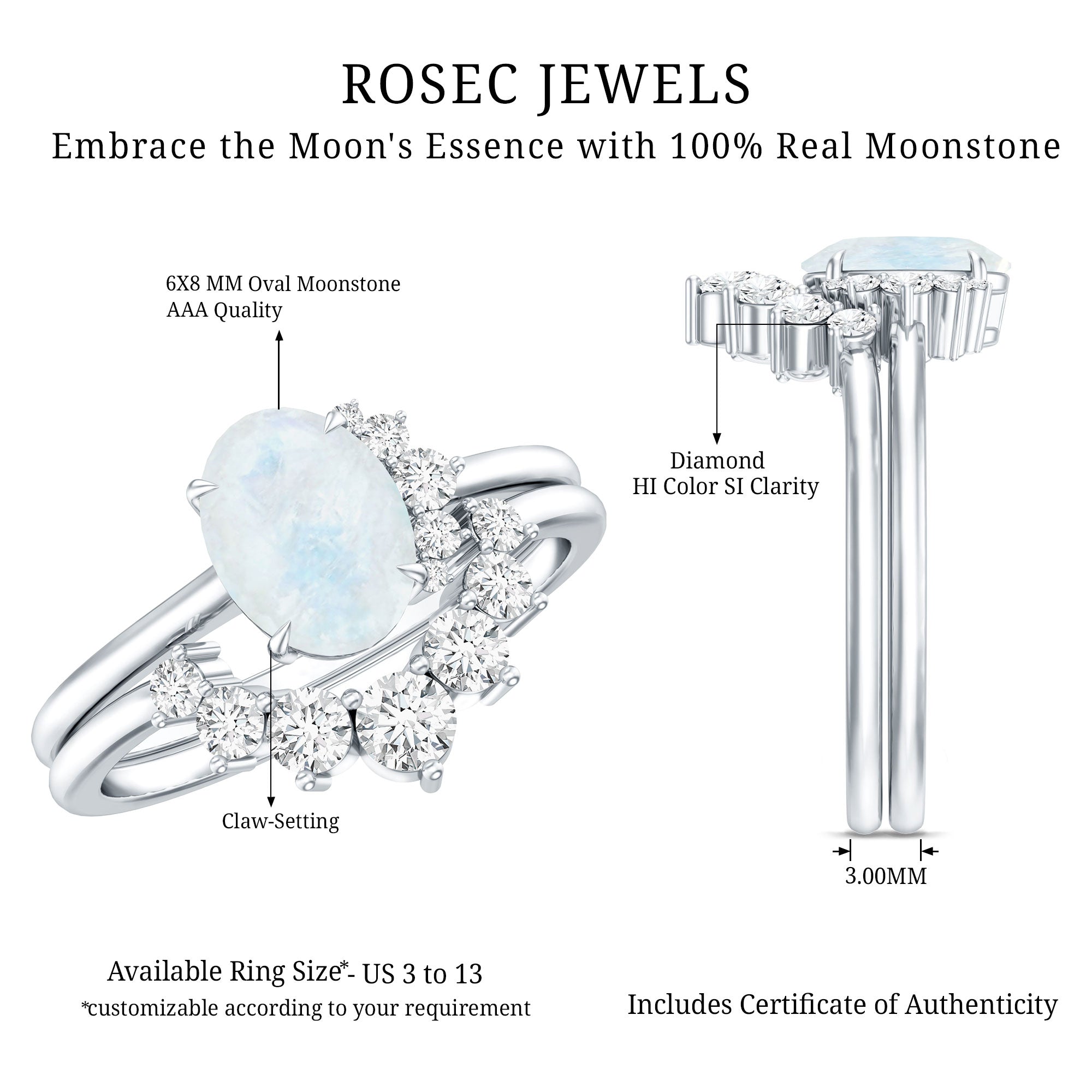 1.25 CT Moonstone and Diamond Engagement Enhancer Ring Set AAA - Rosec Jewels