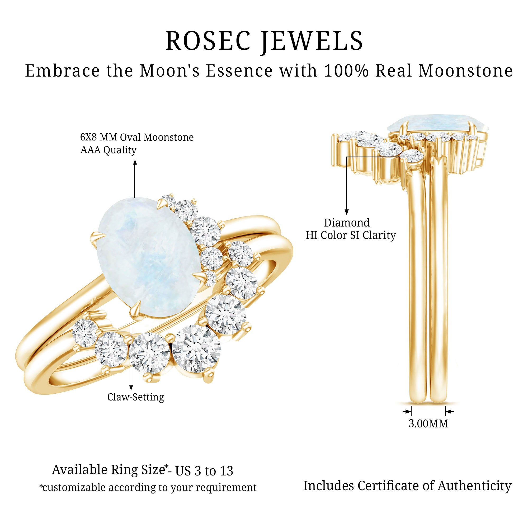 1.25 CT Moonstone and Diamond Engagement Enhancer Ring Set AAA - Rosec Jewels