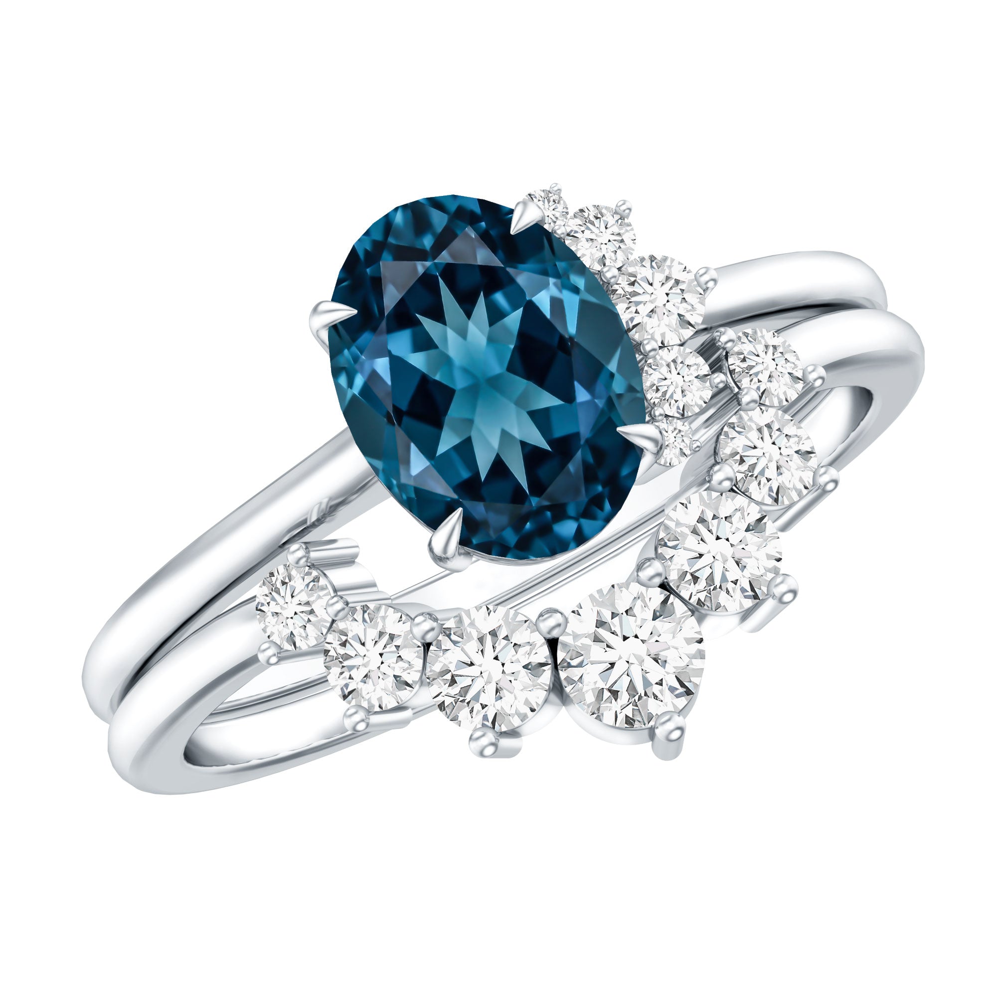 Oval London Blue Topaz and Diamond Designer Ring Set AAA - Rosec Jewels