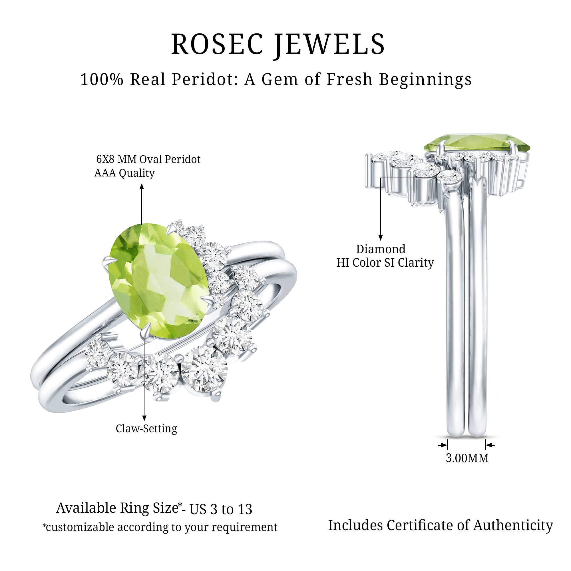 Real 1 Carat Oval Peridot Engagement Ring with Diamond Wedding Band AAA - Rosec Jewels