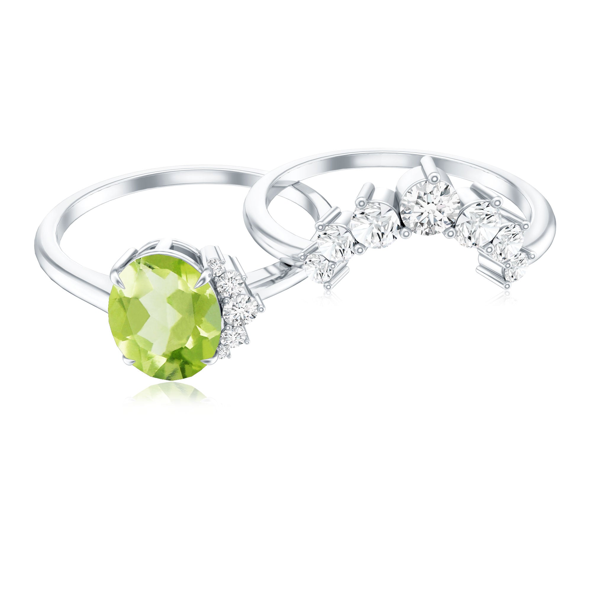 Real 1 Carat Oval Peridot Engagement Ring with Diamond Wedding Band AAA - Rosec Jewels