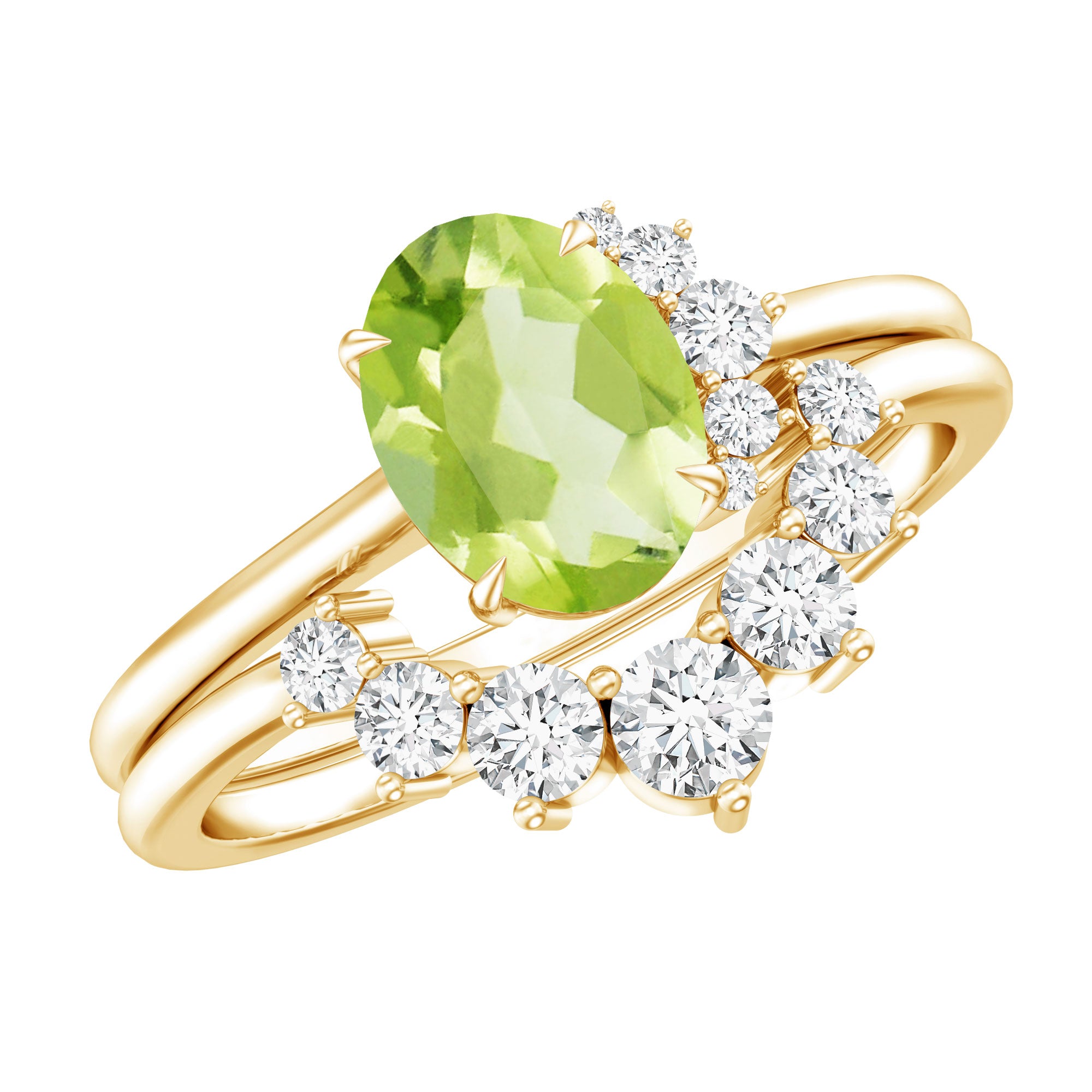 Real 1 Carat Oval Peridot Engagement Ring with Diamond Wedding Band AAA - Rosec Jewels