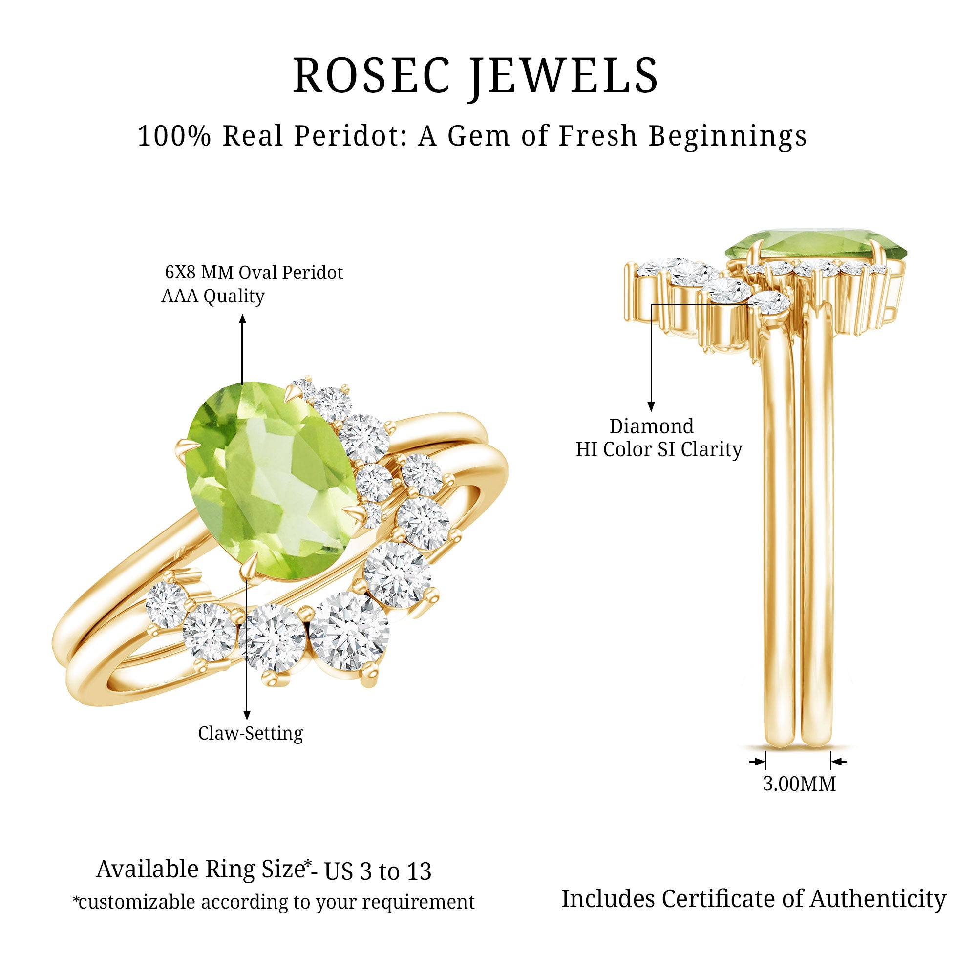 Real 1 Carat Oval Peridot Engagement Ring with Diamond Wedding Band AAA - Rosec Jewels