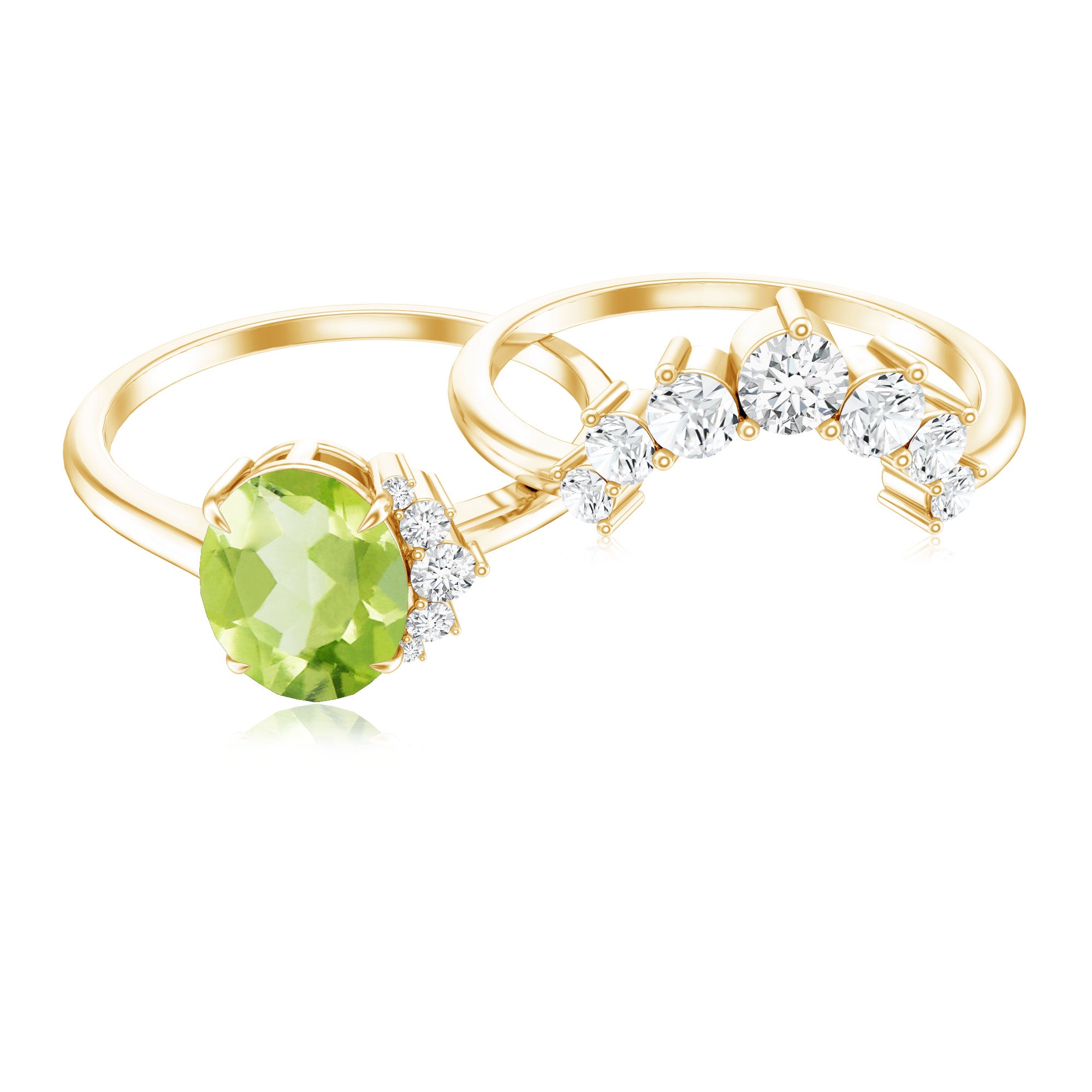 Real 1 Carat Oval Peridot Engagement Ring with Diamond Wedding Band AAA - Rosec Jewels