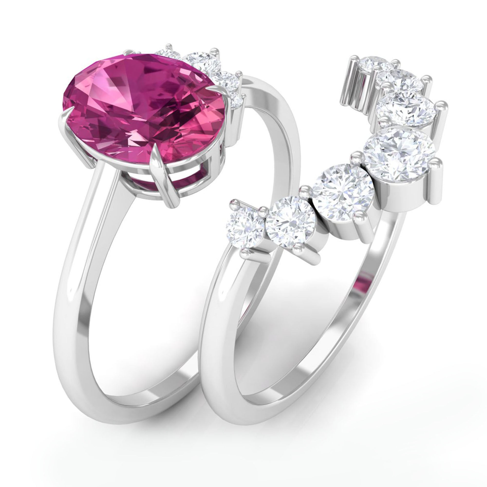 1 Carat Oval Pink Tourmaline and Diamond Wedding Ring Set AAA - Rosec Jewels