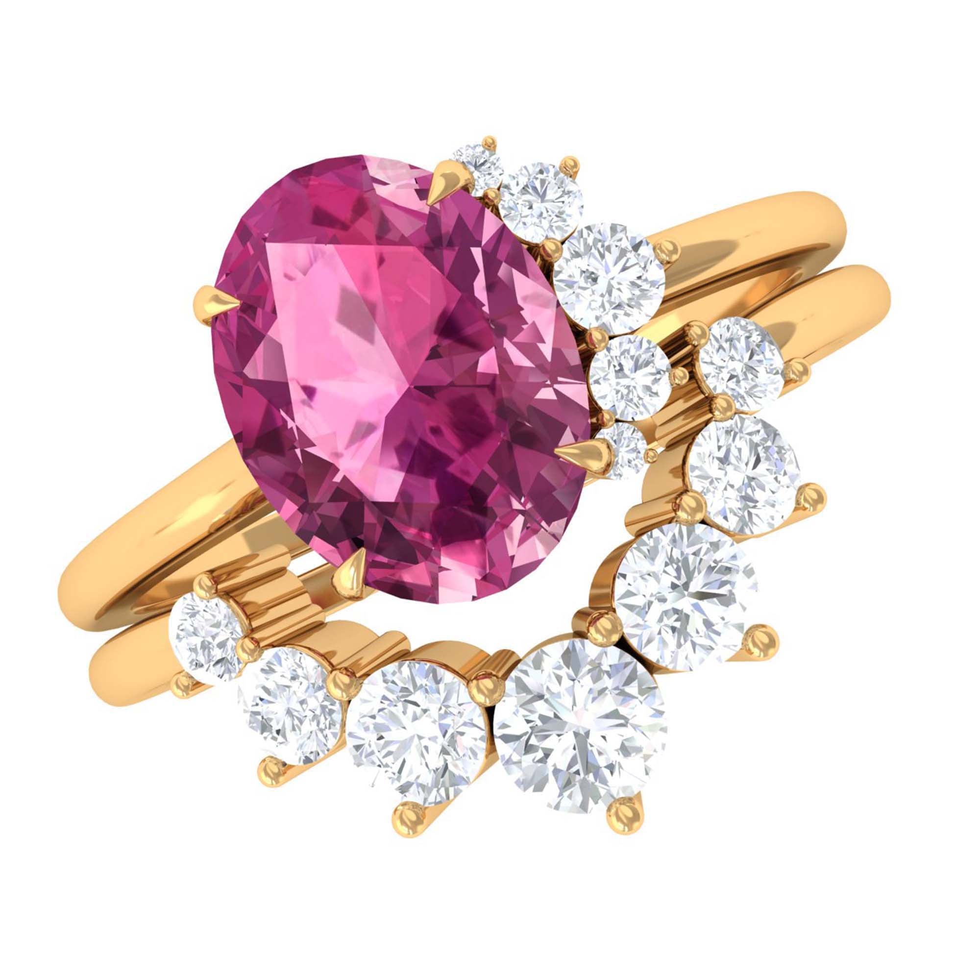 1 Carat Oval Pink Tourmaline and Diamond Wedding Ring Set AAA - Rosec Jewels