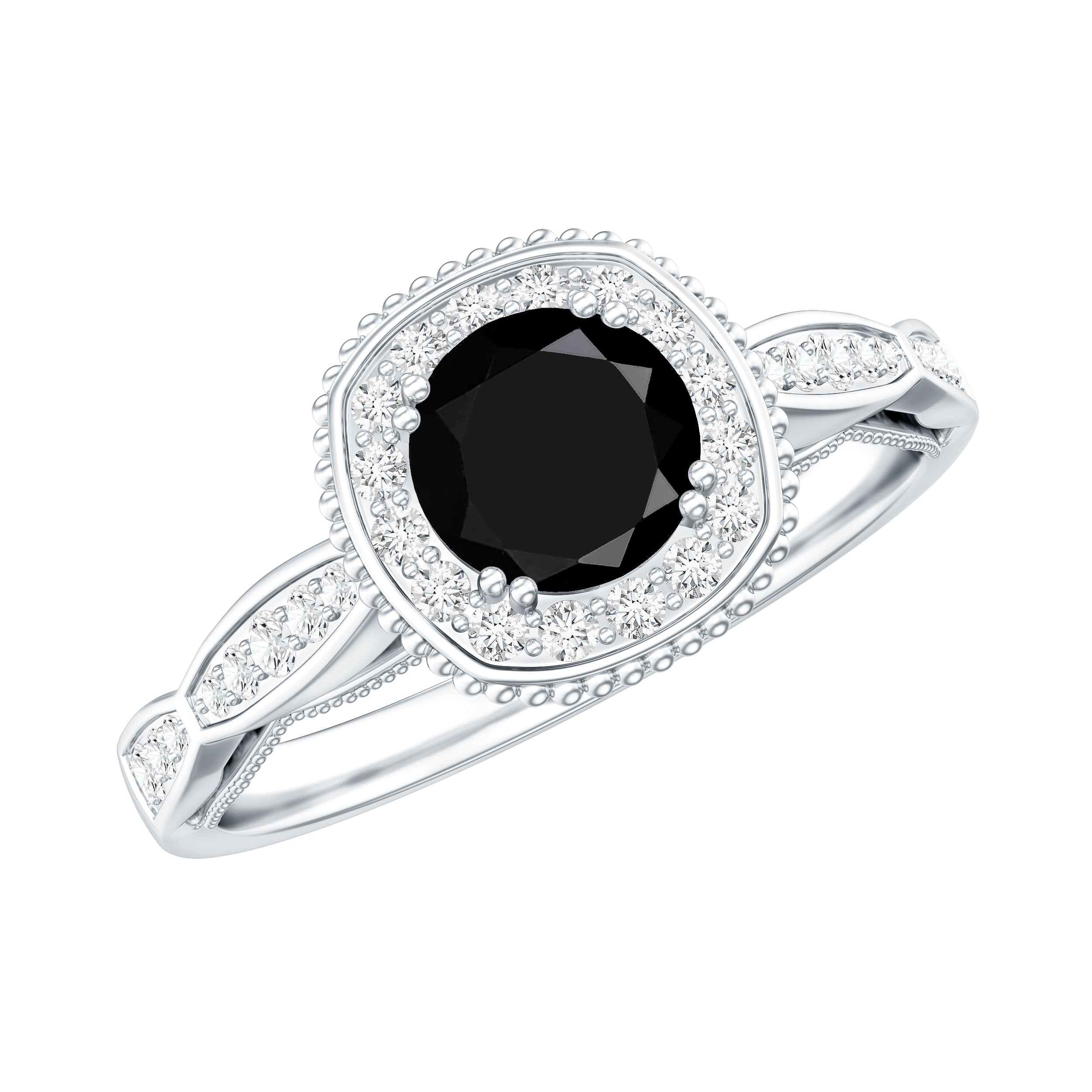 0.4 Carat Round Shape Black Onyx Vintage Engagement Ring with Diamond Halo AAA - Rosec Jewels