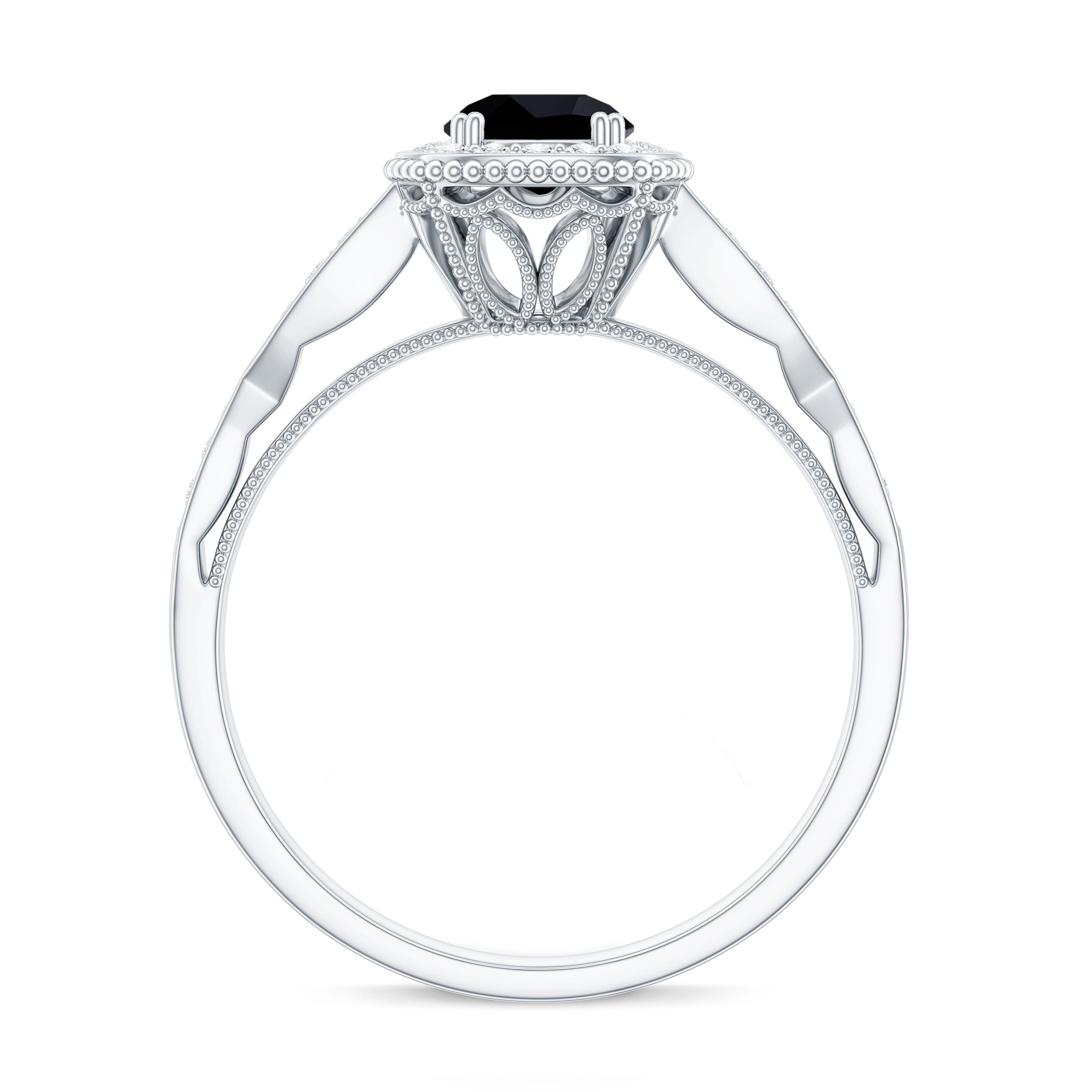 0.4 Carat Round Shape Black Onyx Vintage Engagement Ring with Diamond Halo AAA - Rosec Jewels