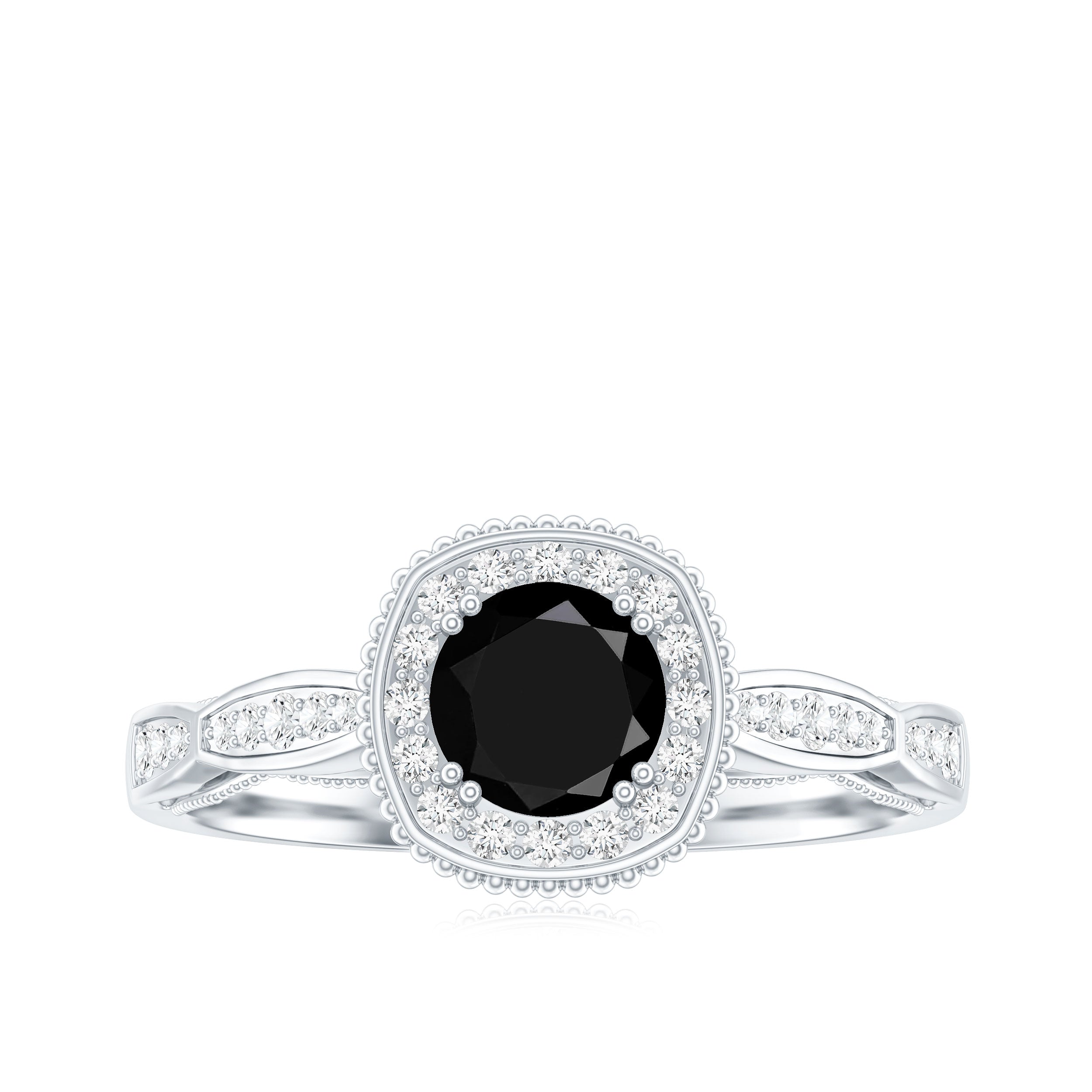0.4 Carat Round Shape Black Onyx Vintage Engagement Ring with Diamond Halo AAA - Rosec Jewels