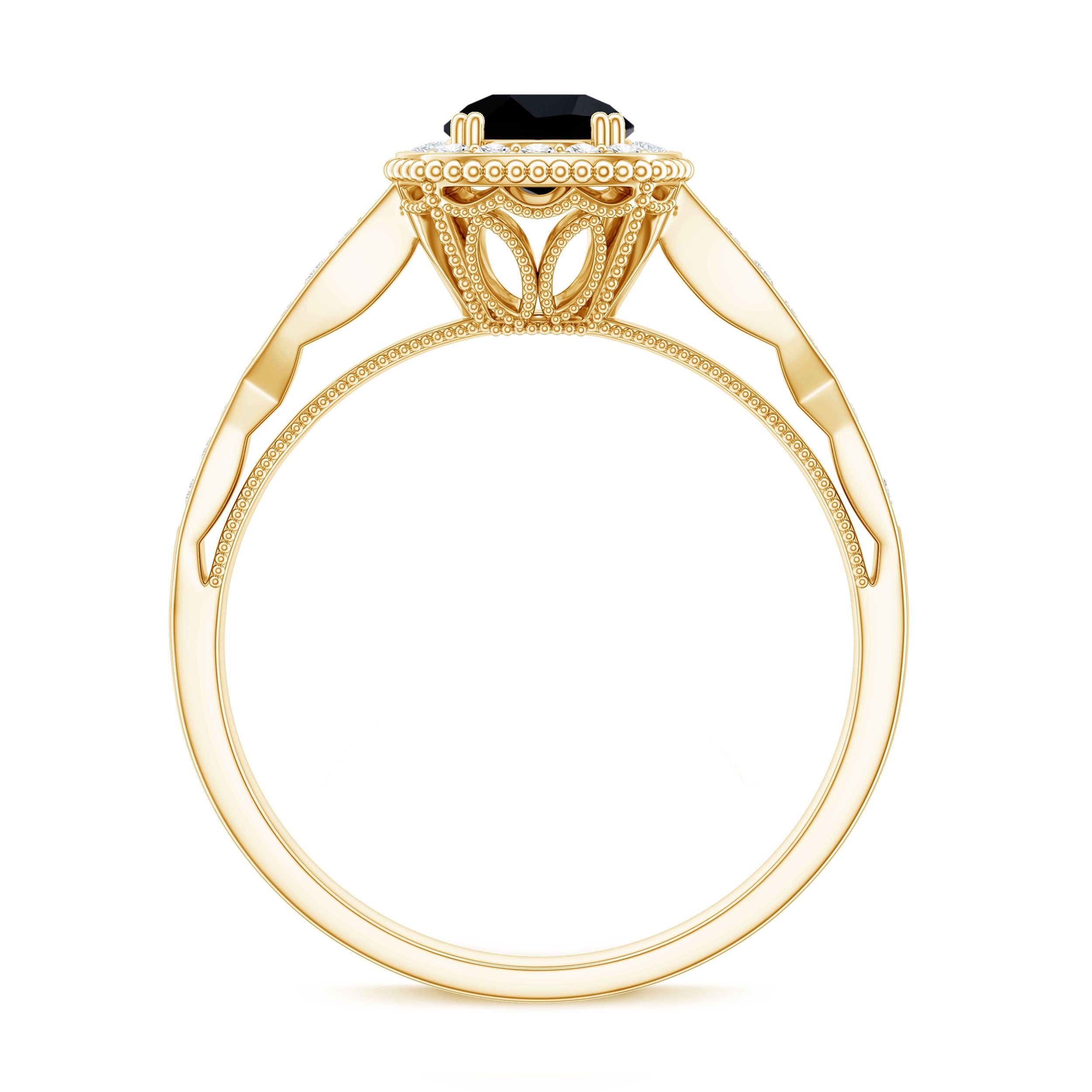 0.4 Carat Round Shape Black Onyx Vintage Engagement Ring with Diamond Halo AAA - Rosec Jewels