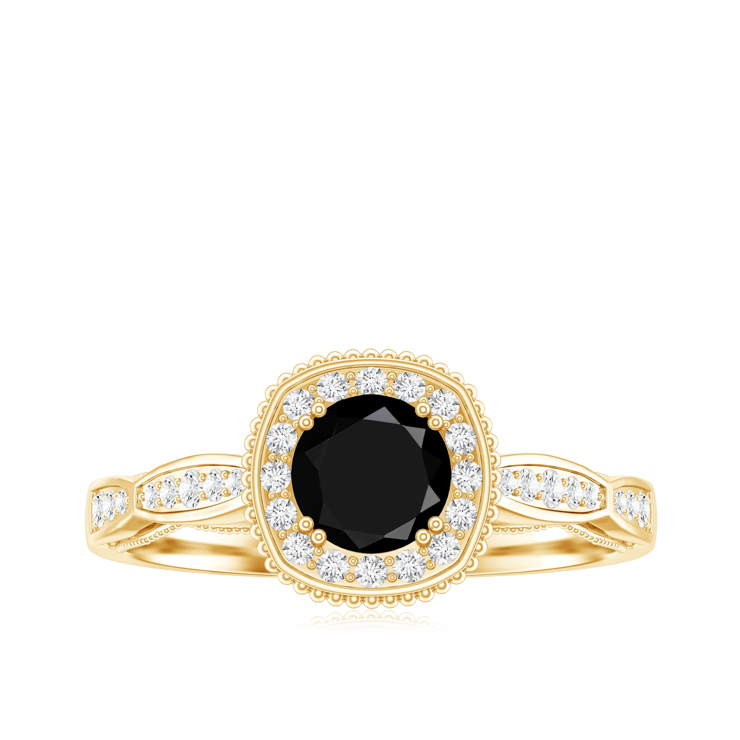 0.4 Carat Round Shape Black Onyx Vintage Engagement Ring with Diamond Halo AAA - Rosec Jewels