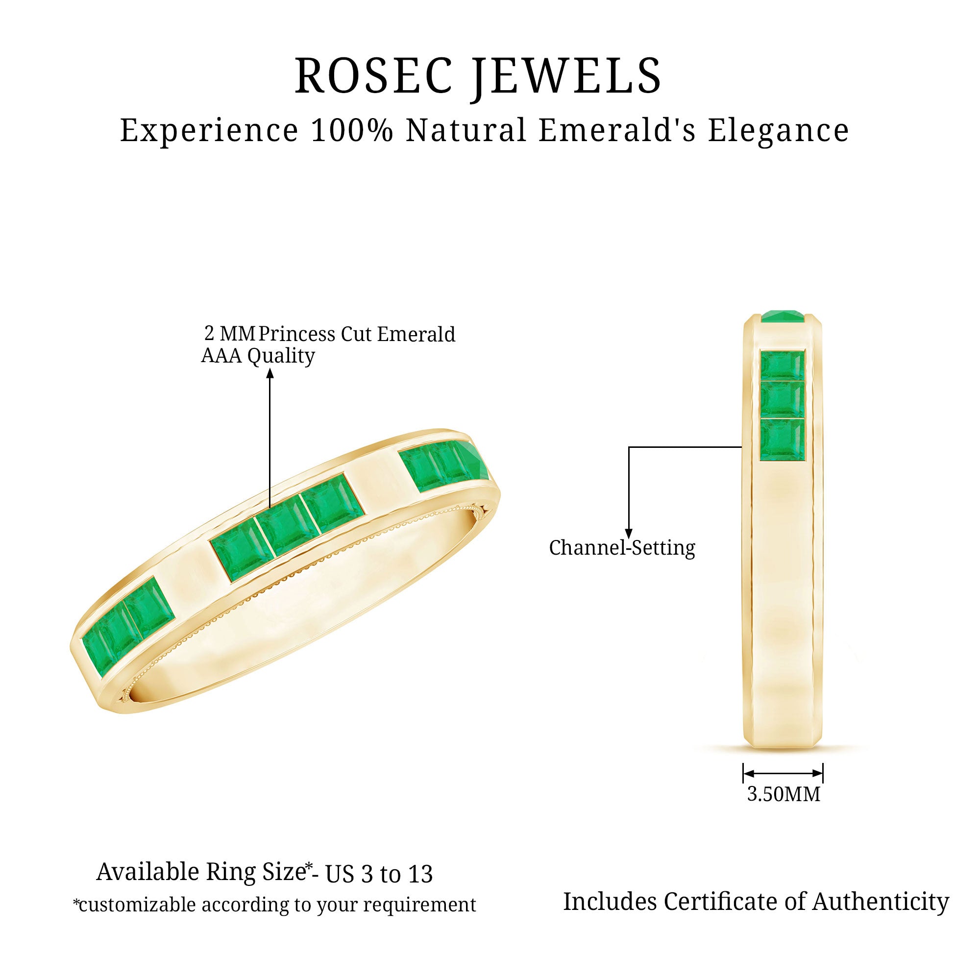 Rosec Jewels-Princess Cut Emerald Mens Wedding Band in Channel Setting