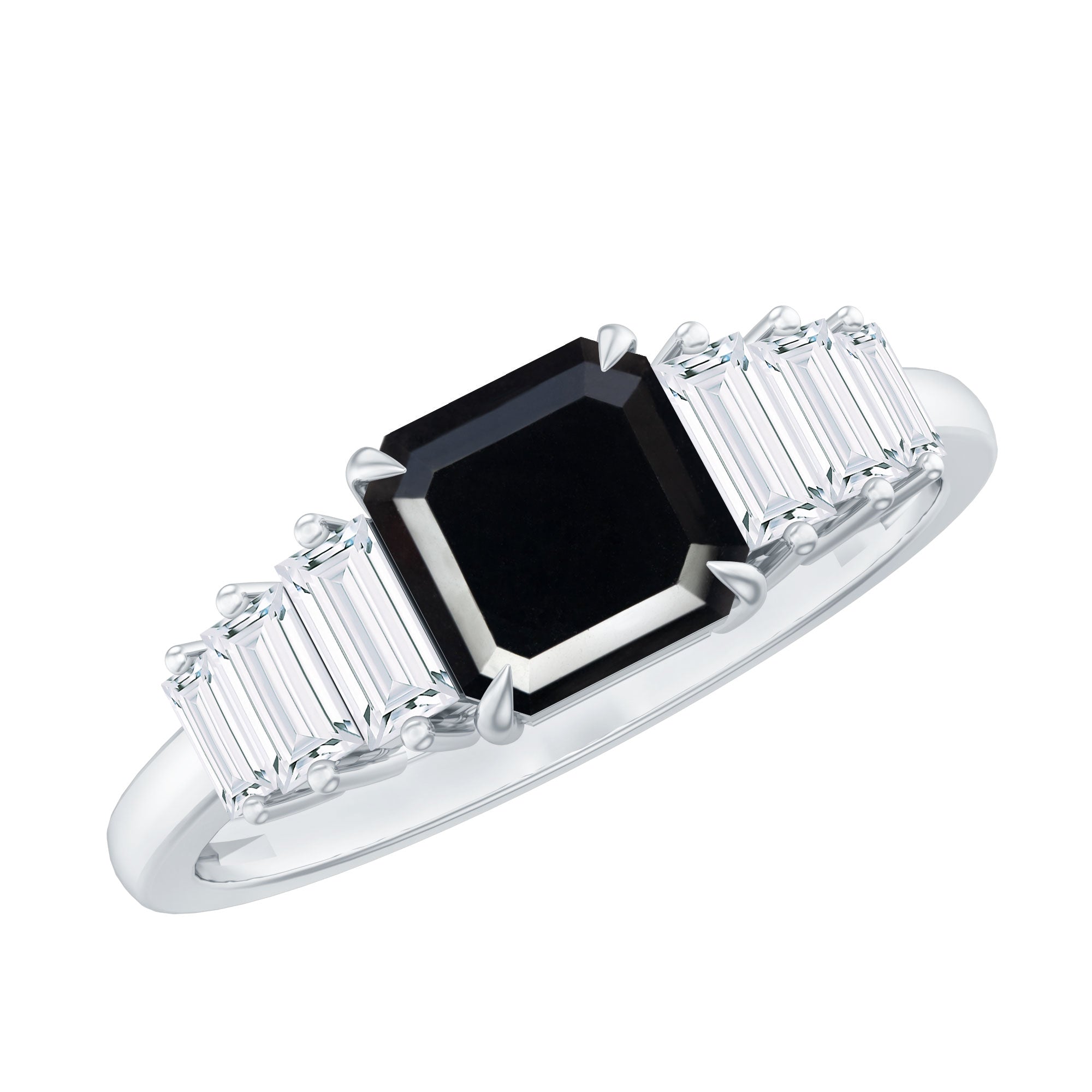 Asscher Cut Black Onyx Engagement Ring with Baguette Moissanite